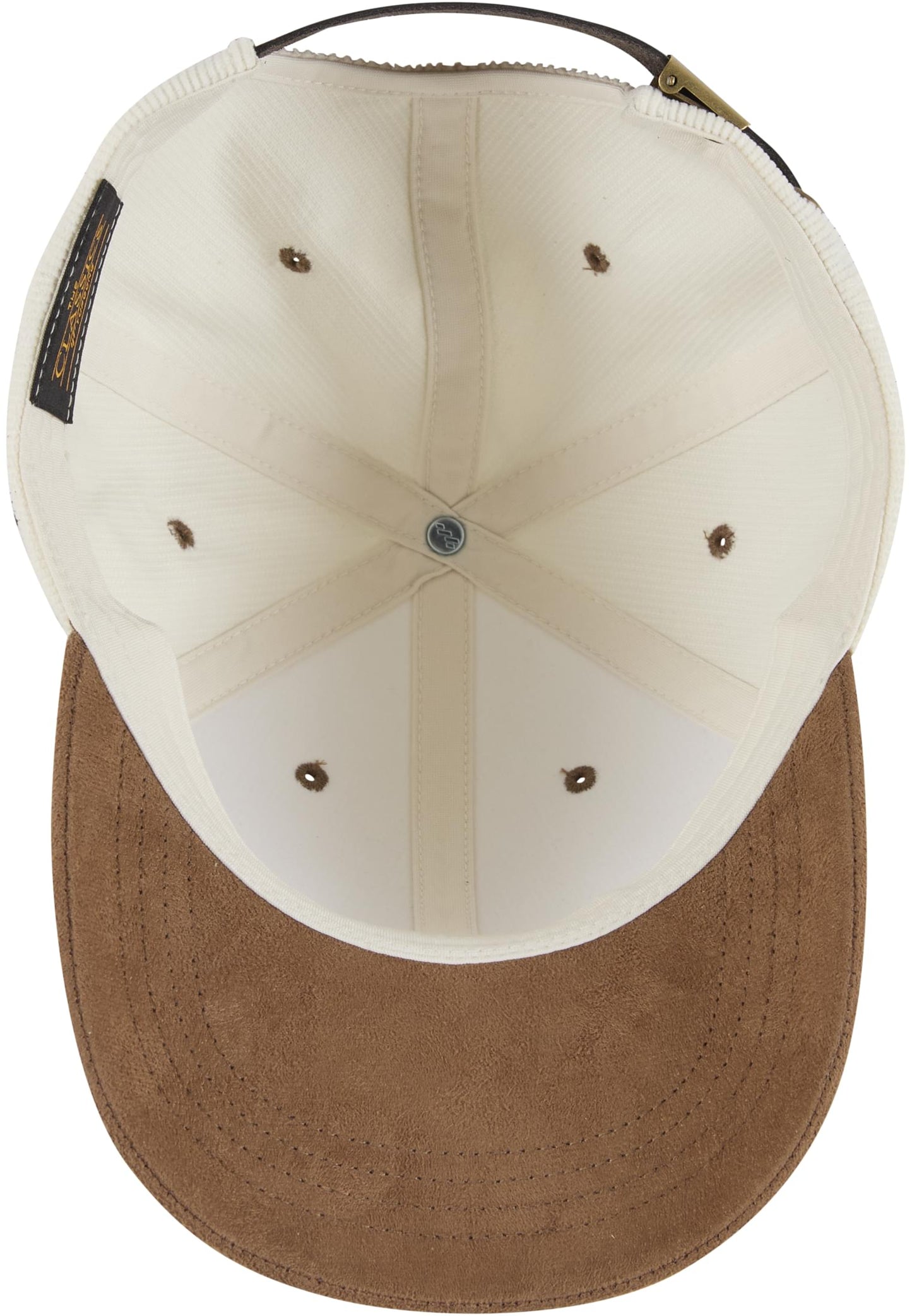 Innenansicht der beige-weißen Flexfit Cord Cap mit verstellbarem Riemen und braunem Schirm.