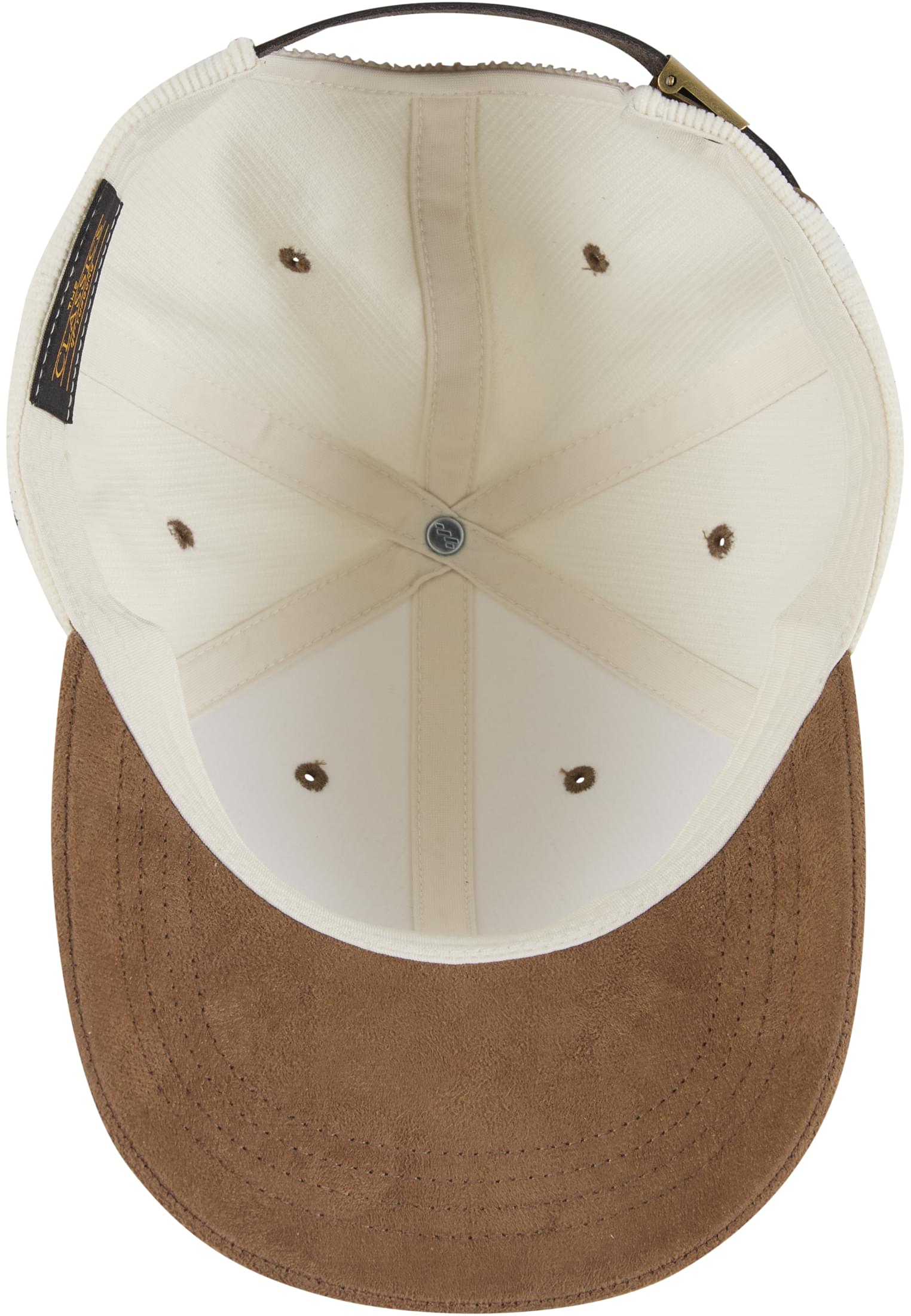 Innenansicht der beige-weißen Flexfit Cord Cap mit verstellbarem Riemen und braunem Schirm.