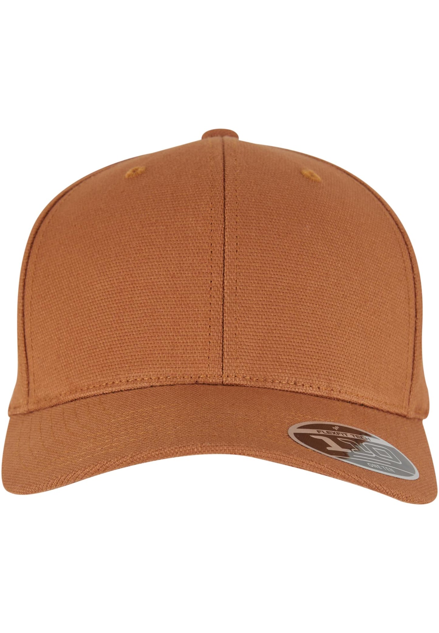 Braune Flexfit 110 Curved Snapback Cap mit vorgebogenem Schirm und Flexfit-Tech-Sticker.
