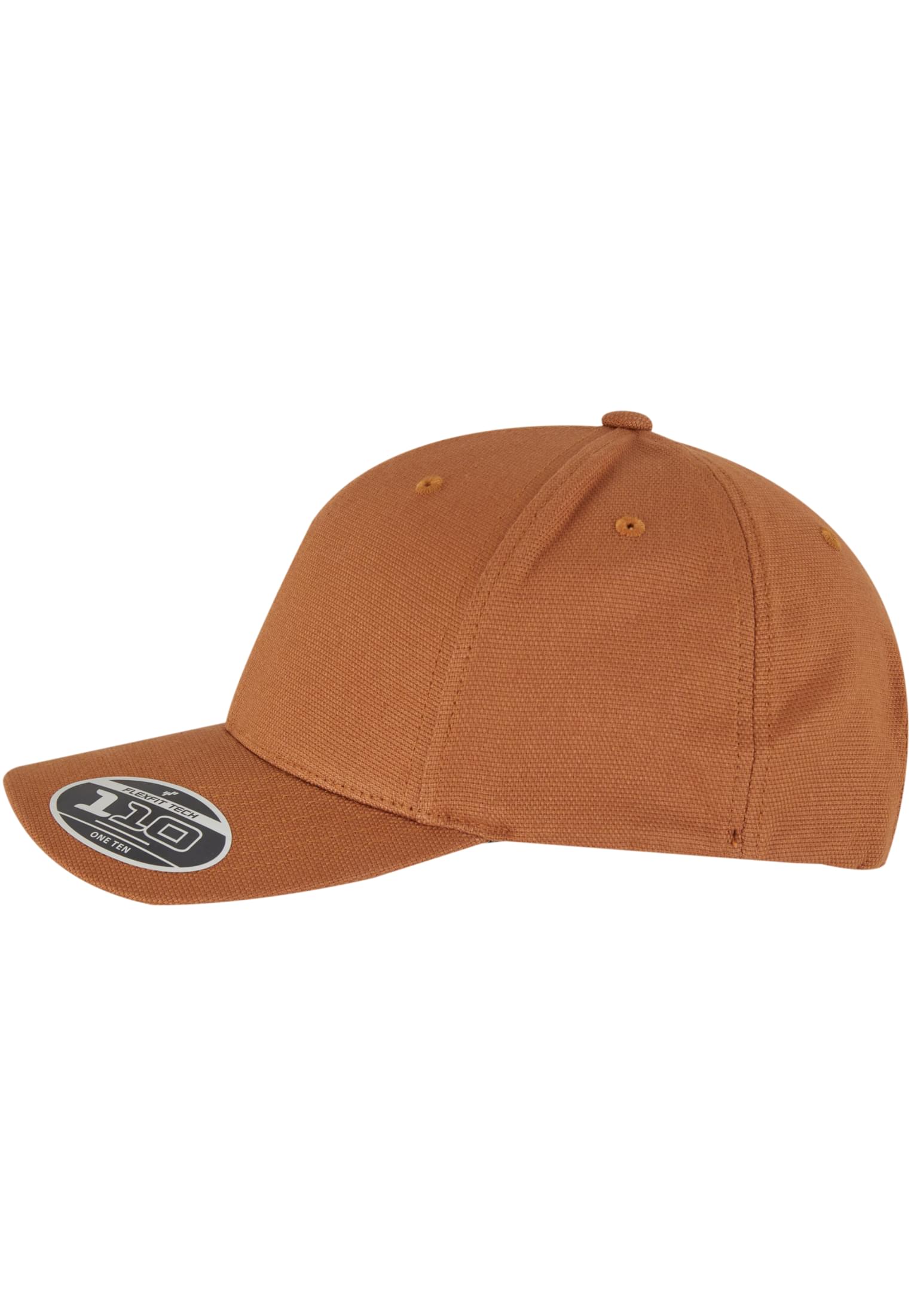 Braune Flexfit 110 Curved Snapback Cap mit vorgebogenem Schirm und Flexfit-Tech-Sticker.