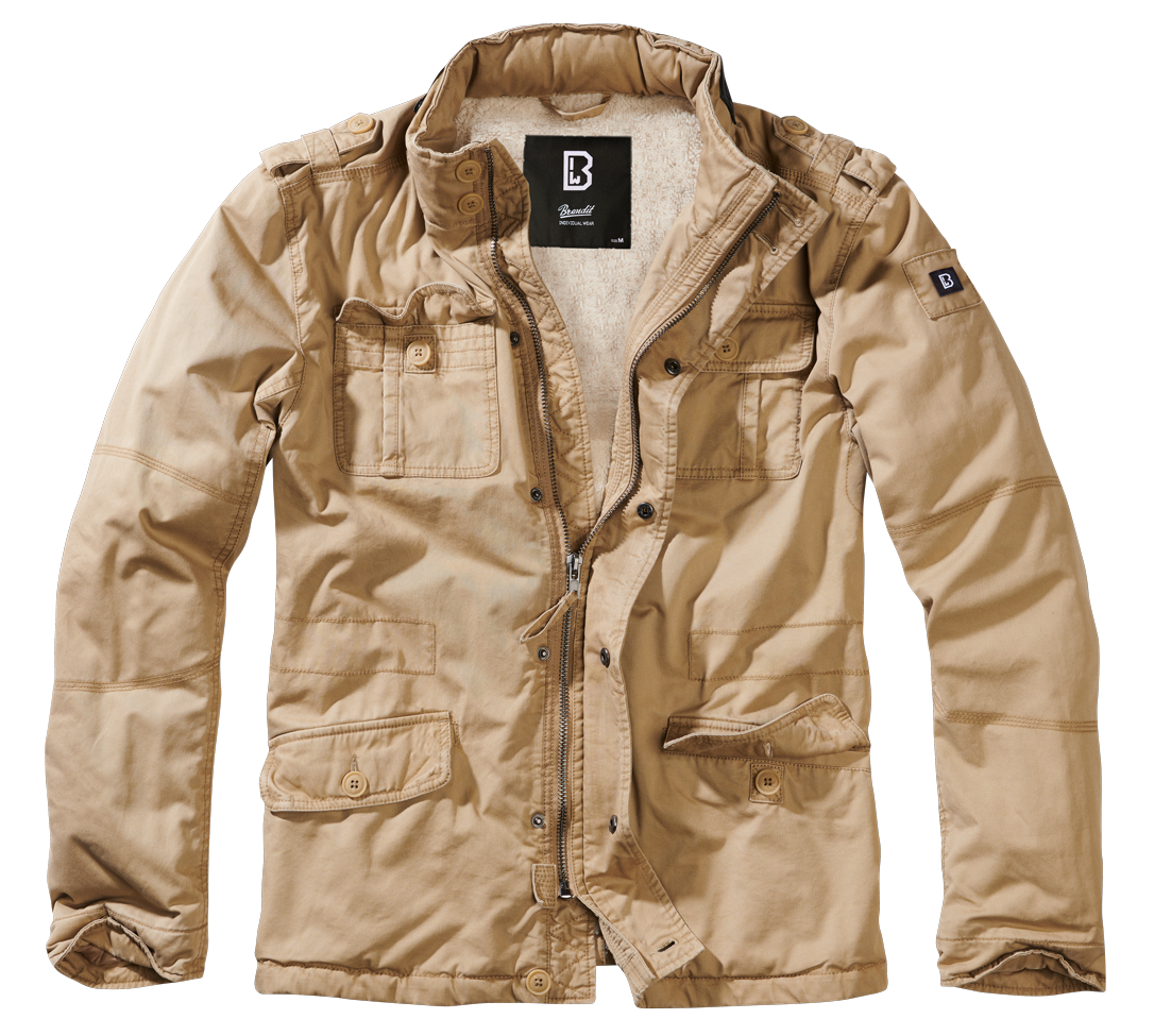 Brandit Feldjacke in Light Camel mit Teddyfutter, versteckter Kapuze, Kunstleder-Stehkragen und Used-Look.