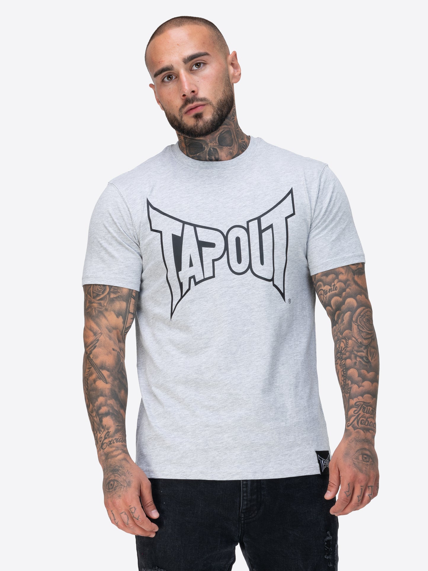 Tapout Herren T-Shirt in Marl Grey, normale Passform, Rundhals, grosser Logo-Druck auf der Brust, aus 100 % gekämmter Baumwolle
