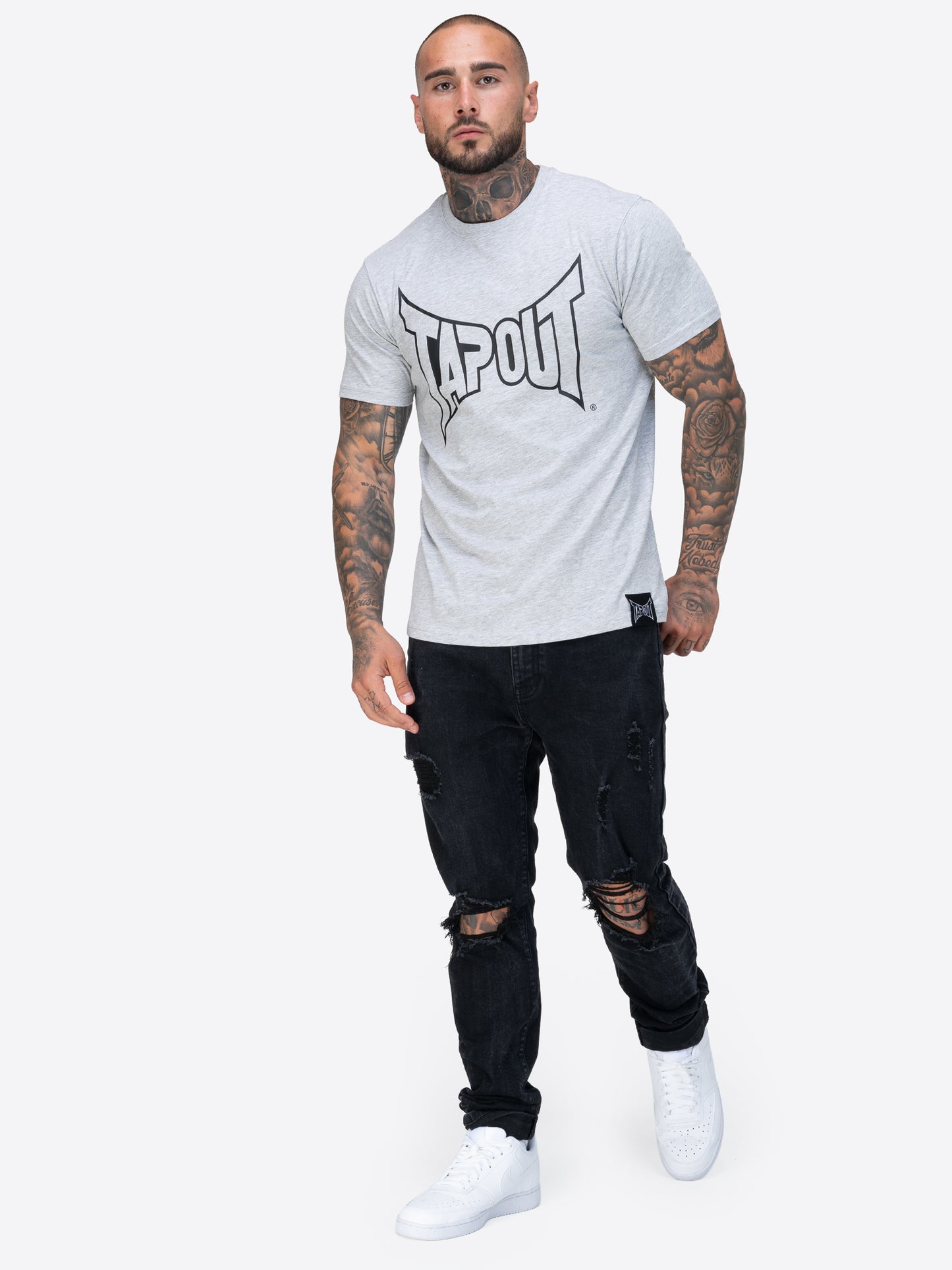 Tapout Herren T-Shirt in Marl Grey, normale Passform, Rundhals, grosser Logo-Druck auf der Brust, aus 100 % gekämmter Baumwolle