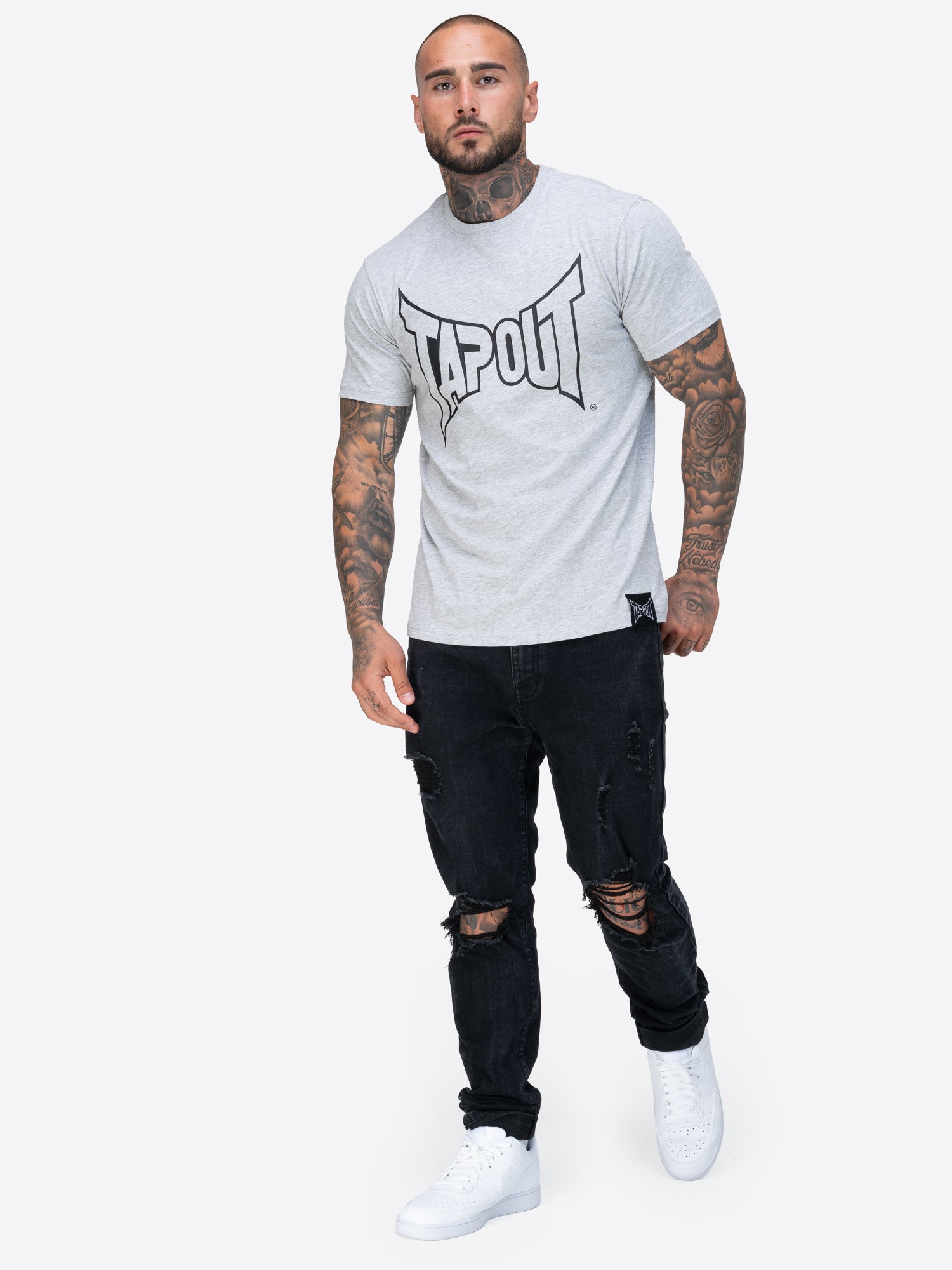 Tapout Herren T-Shirt in Marl Grey, normale Passform, Rundhals, grosser Logo-Druck auf der Brust, aus 100 % gekämmter Baumwolle