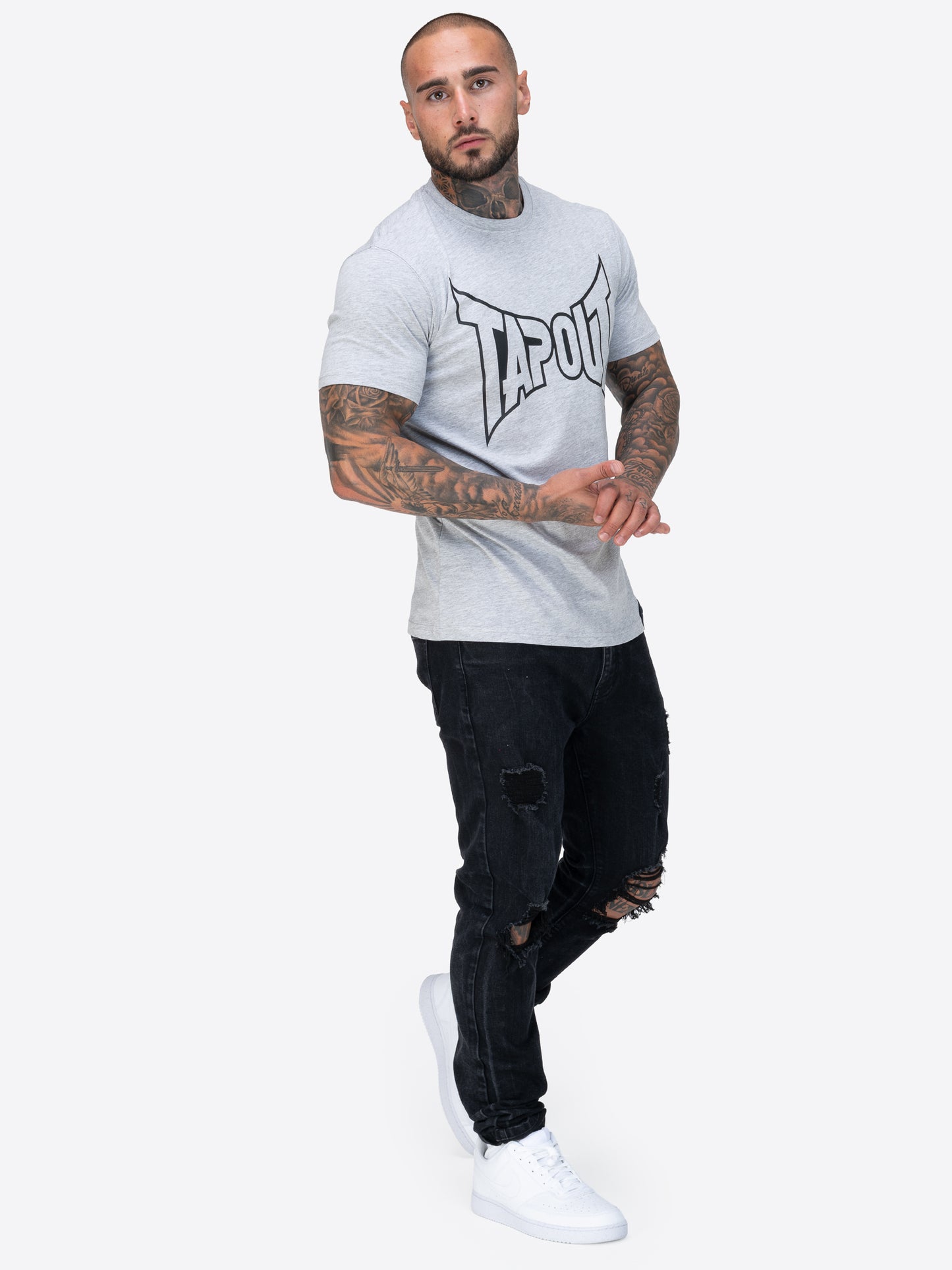 Tapout Herren T-Shirt in Marl Grey, normale Passform, Rundhals, grosser Logo-Druck auf der Brust, aus 100 % gekämmter Baumwolle