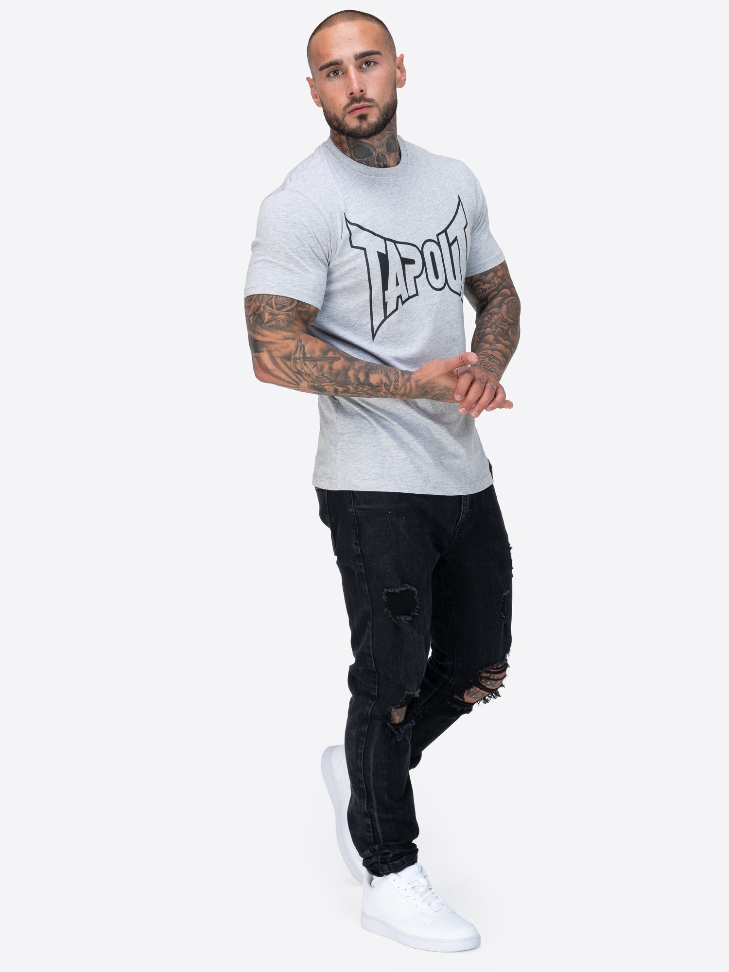 Tapout Herren T-Shirt in Marl Grey, normale Passform, Rundhals, grosser Logo-Druck auf der Brust, aus 100 % gekämmter Baumwolle