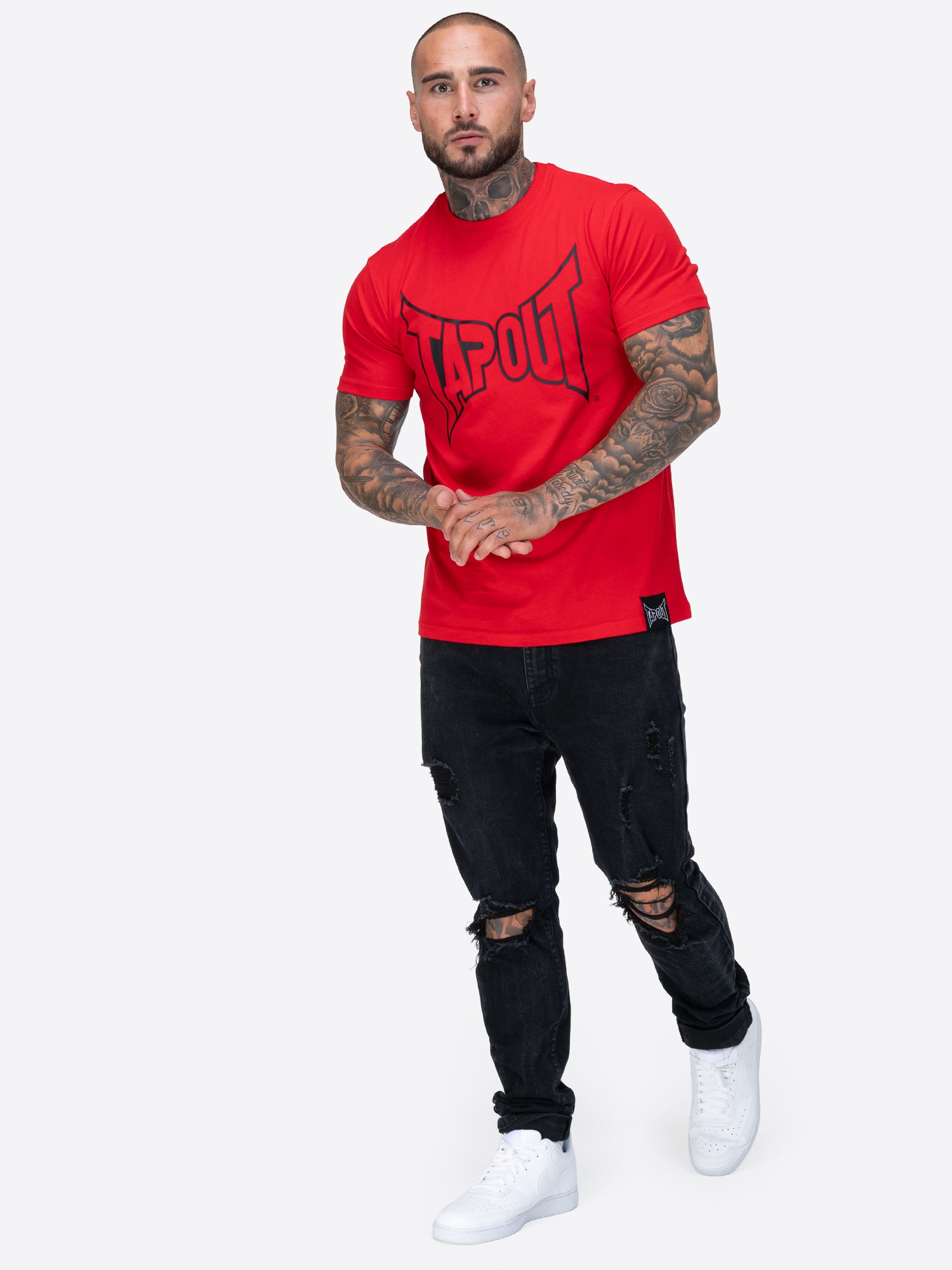 Tapout Herren T-Shirt in Rot, normale Passform, Rundhals, grosser Logo-Druck auf der Brust, aus 100 % gekämmter Baumwolle