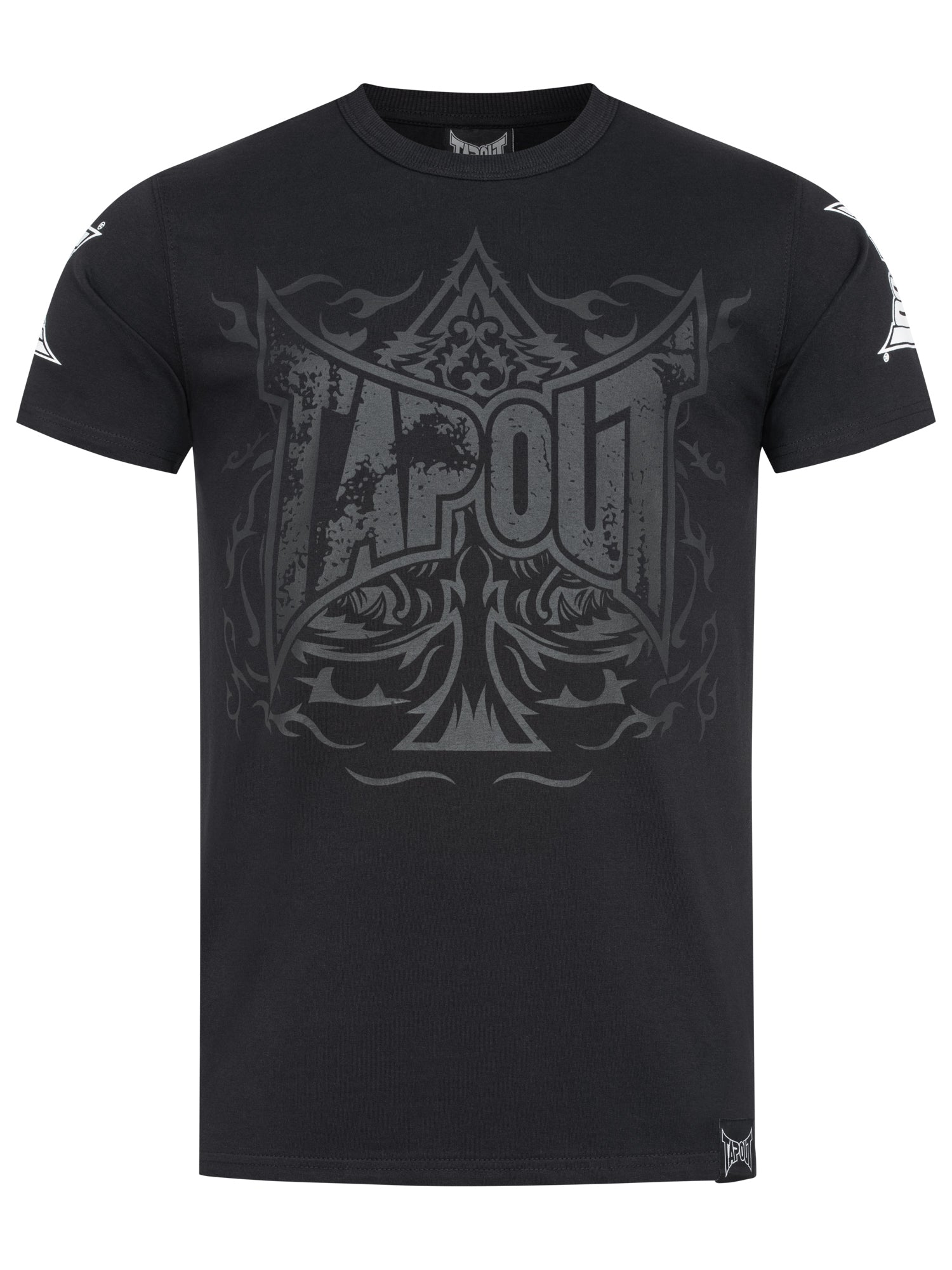 Tapout Herren T-Shirt aus schwarzer Baumwolle mit grossem Logo-Print vorne, kleinem Logo am Rücken und Label am Saum