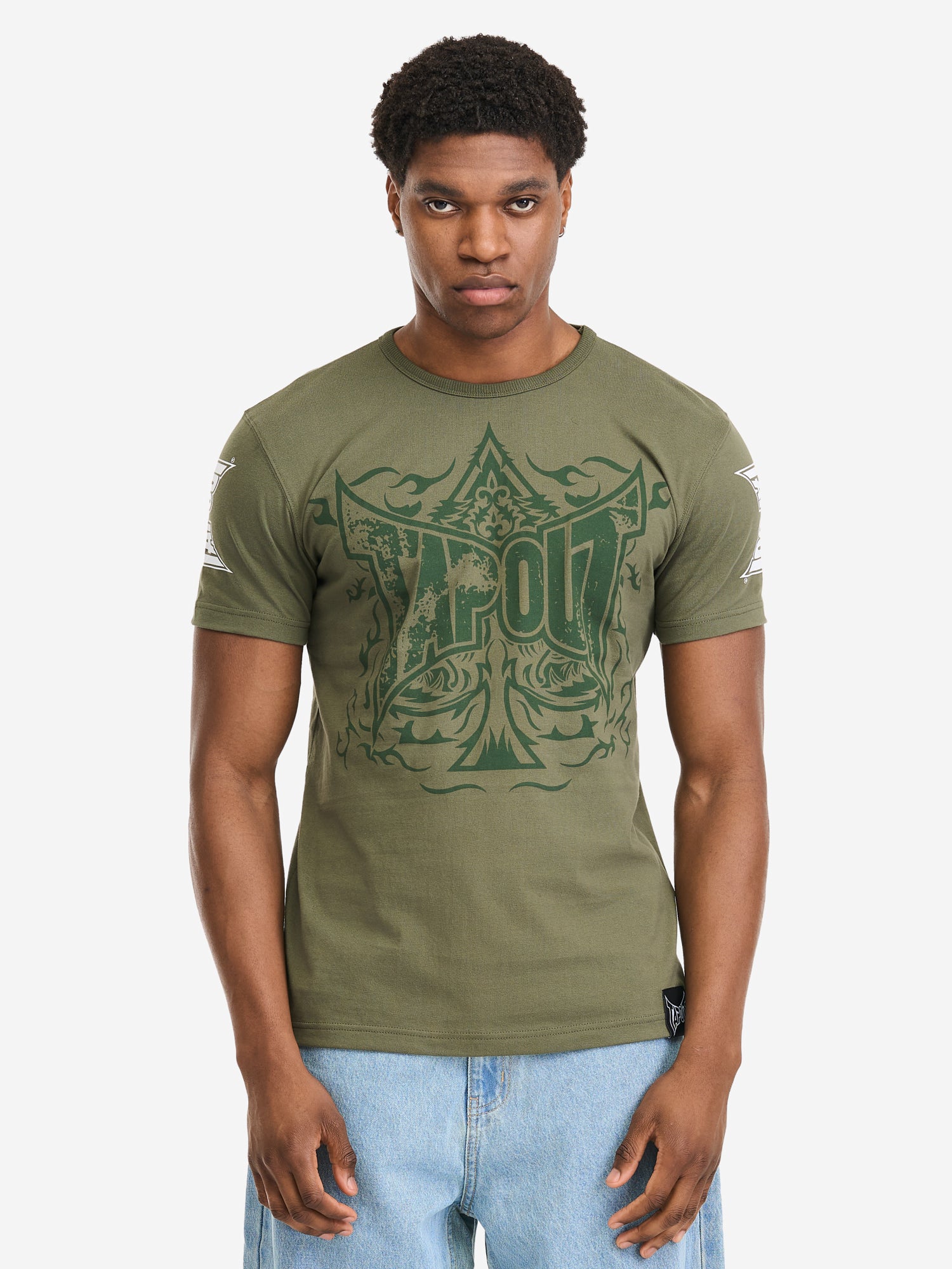 Tapout Herren T-Shirt Oliv, Baumwolle mit grossem Logo-Print vorne, kleinem Logo am Rücken und Label am Saum