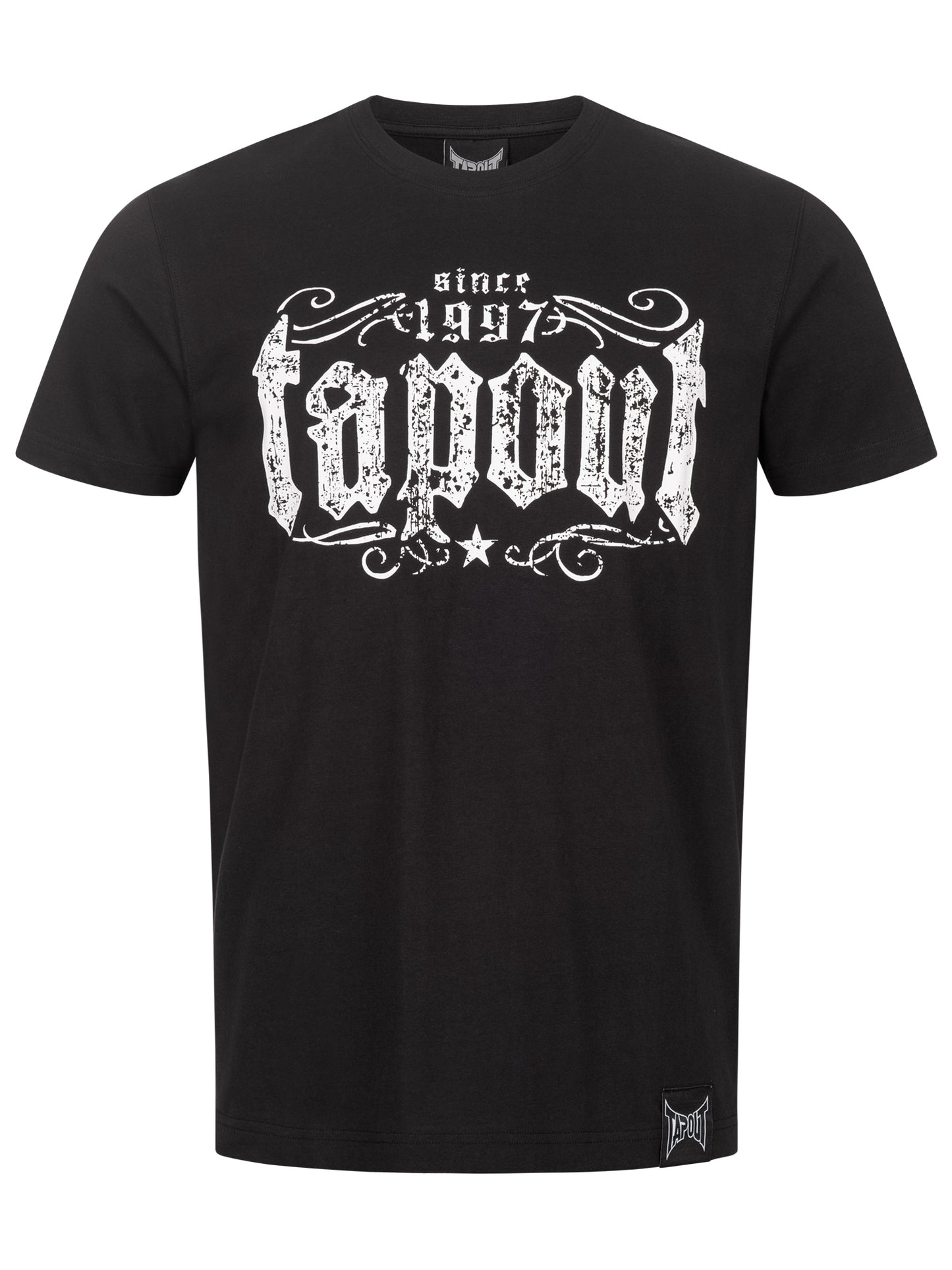 Schwarzes Tapout Herren T-Shirt in normaler Passform mit grossem Logo-Print vorne und kleinem Logo am Rücken