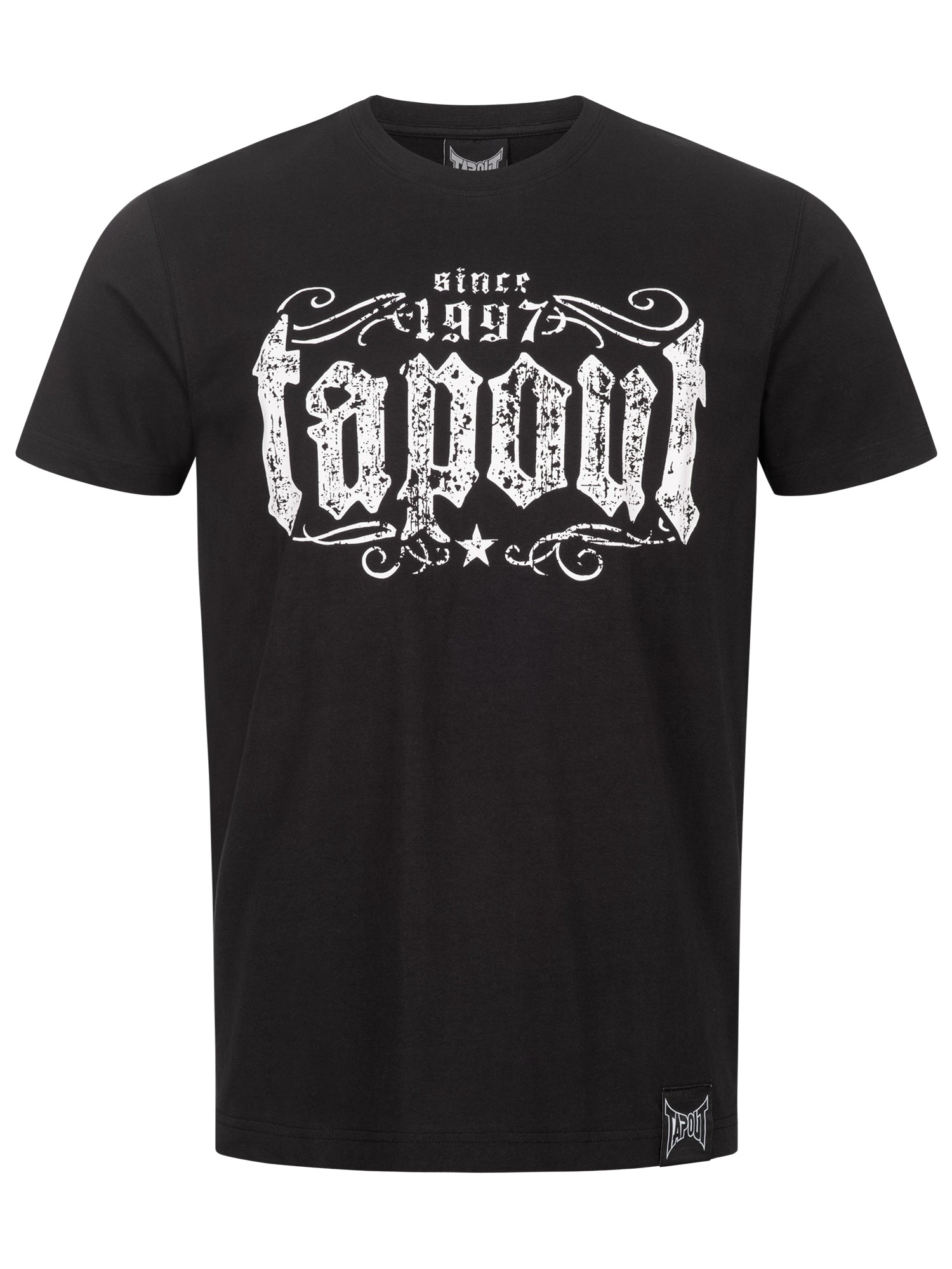Schwarzes Tapout Herren T-Shirt in normaler Passform mit grossem Logo-Print vorne und kleinem Logo am Rücken