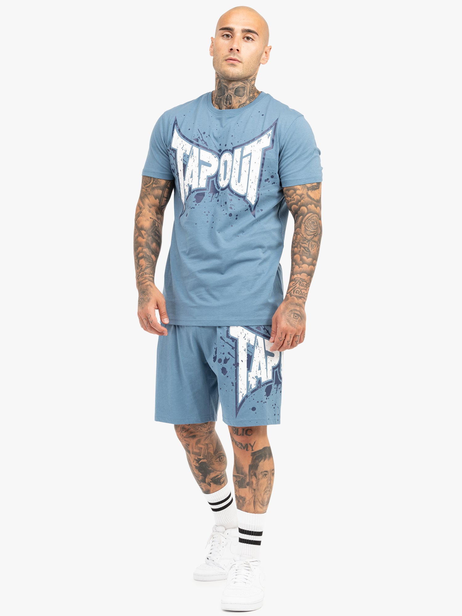 Tapout Herren T-Shirt & Shorts Set Grau/Blau mit Logo in normaler Passform