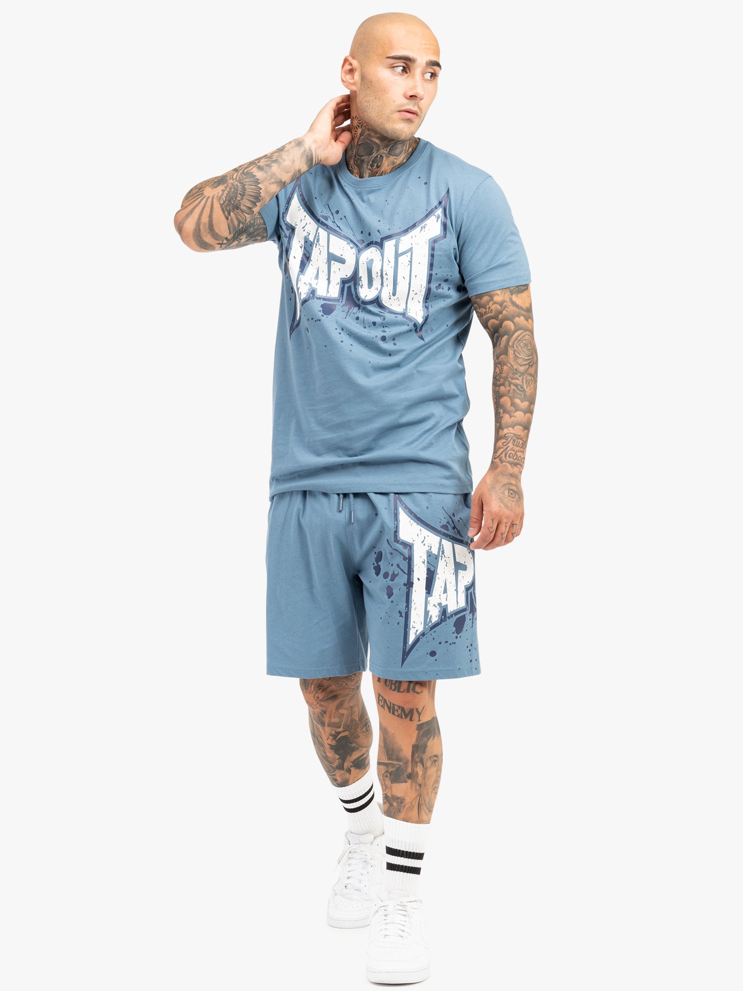 Tapout Herren T-Shirt & Shorts Set Grau/Blau mit Logo in normaler Passform