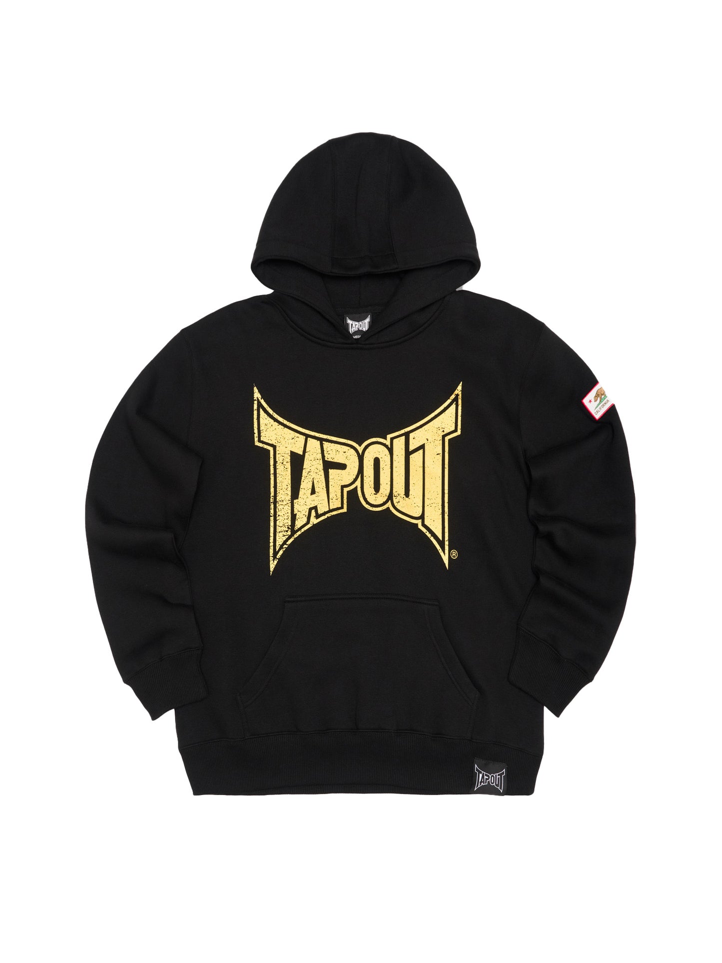 Schwarzer Herren Hoodie in normaler Passform mit Vintage-Logo-Print, Kängurutasche, Bündchen und gewebtem Patch