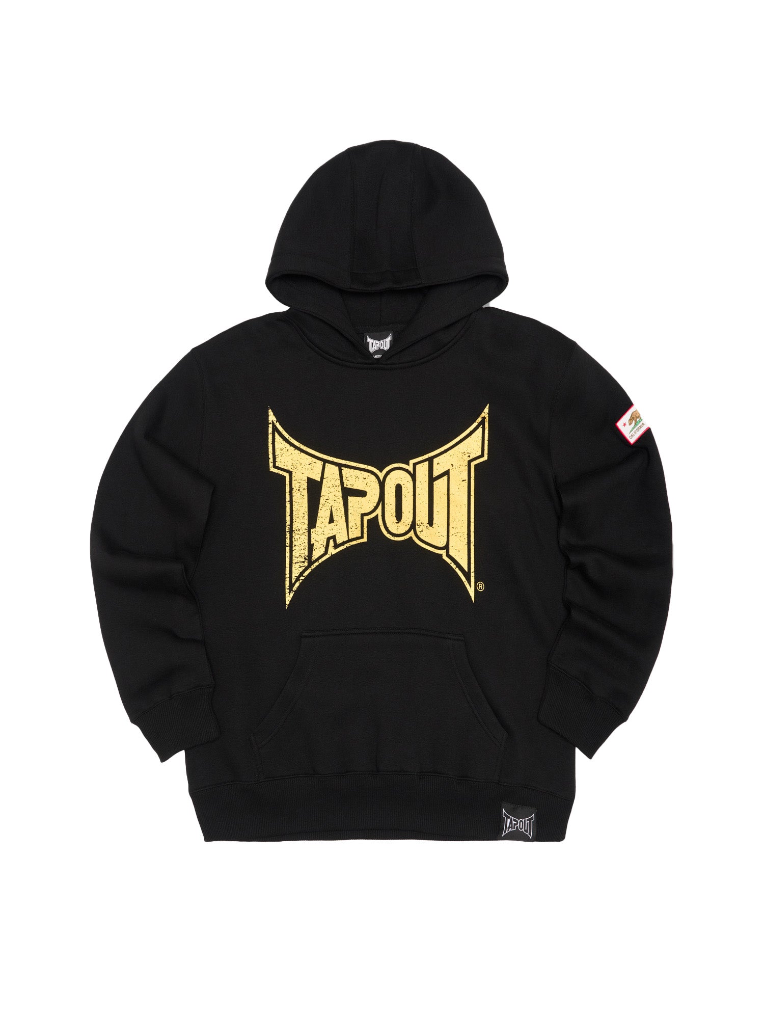 Schwarzer Herren Hoodie in normaler Passform mit Vintage-Logo-Print, Kängurutasche, Bündchen und gewebtem Patch