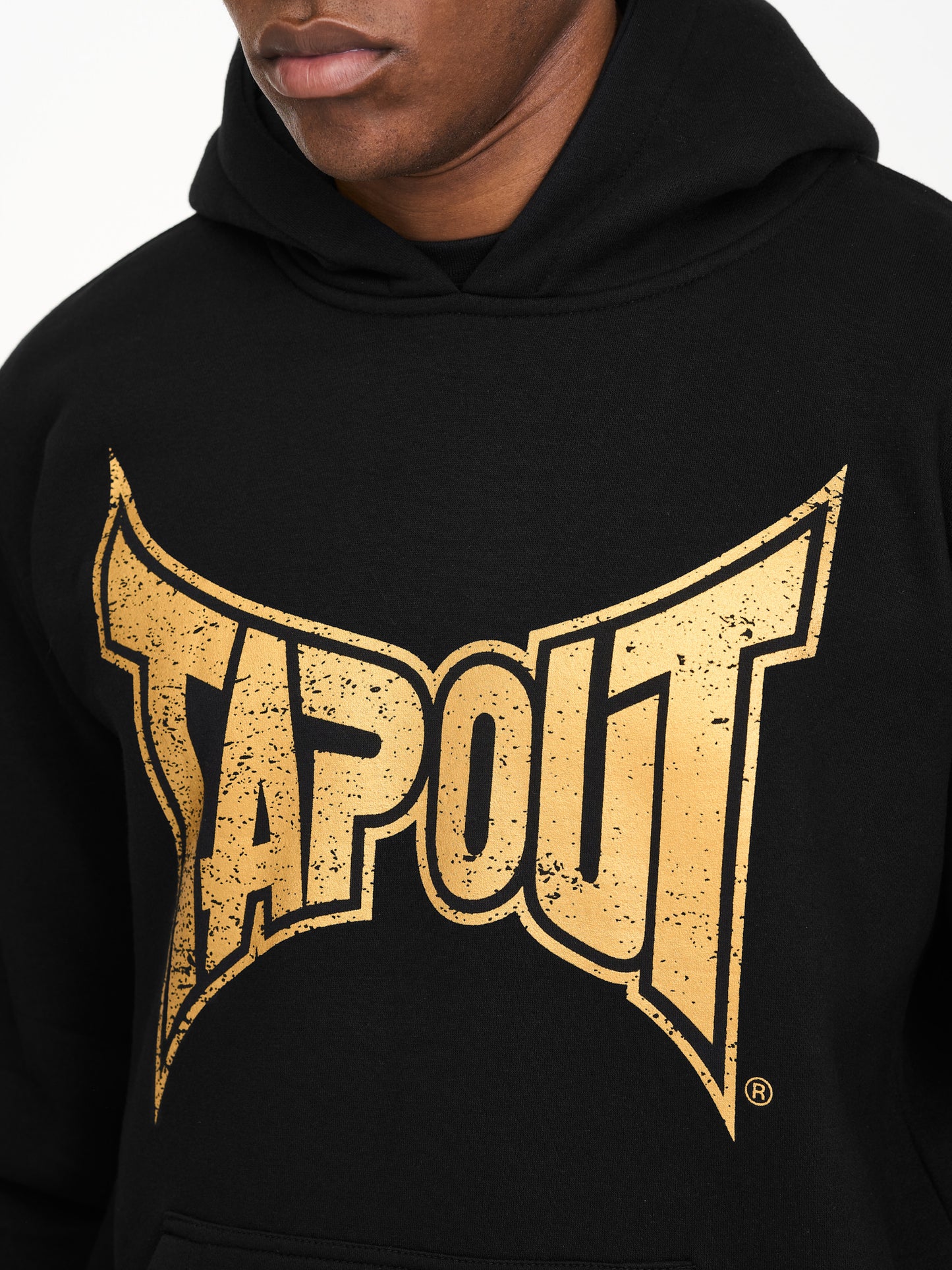 Schwarzer Herren Hoodie in normaler Passform mit Vintage-Logo-Print, Kängurutasche, Bündchen und gewebtem Patch