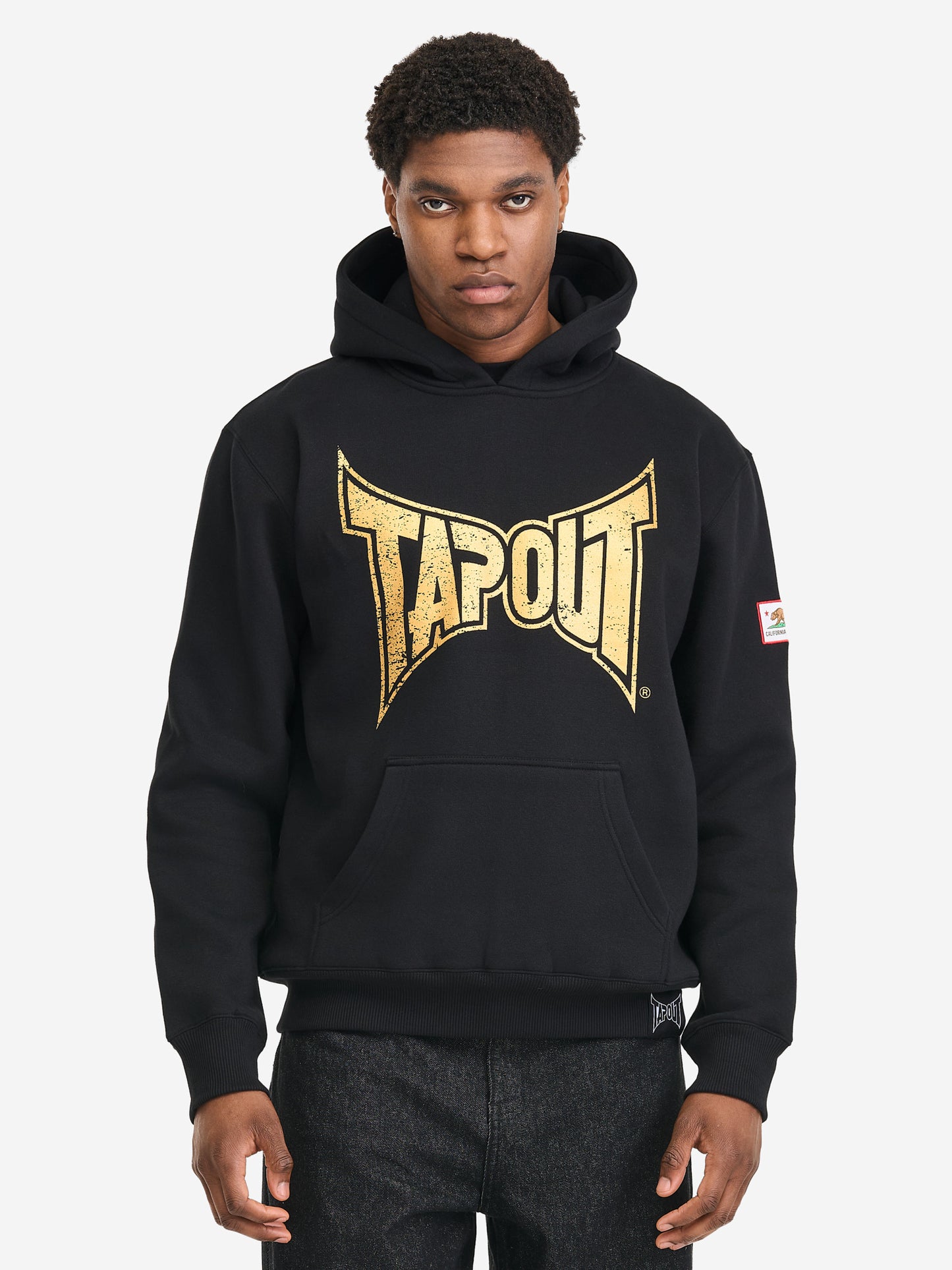 Schwarzer Herren Hoodie in normaler Passform mit Vintage-Logo-Print, Kängurutasche, Bündchen und gewebtem Patch