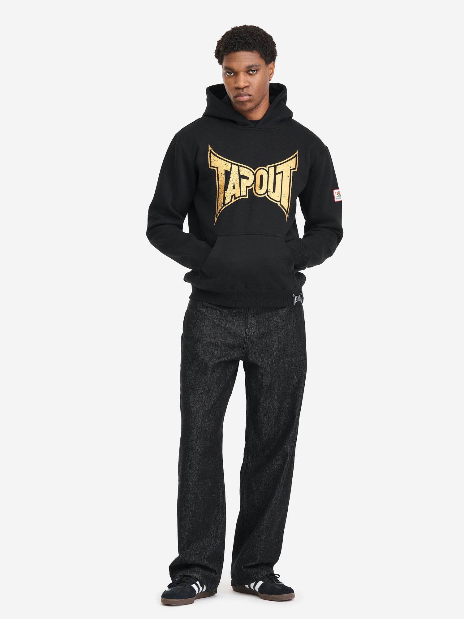 Schwarzer Herren Hoodie in normaler Passform mit Vintage-Logo-Print, Kängurutasche, Bündchen und gewebtem Patch