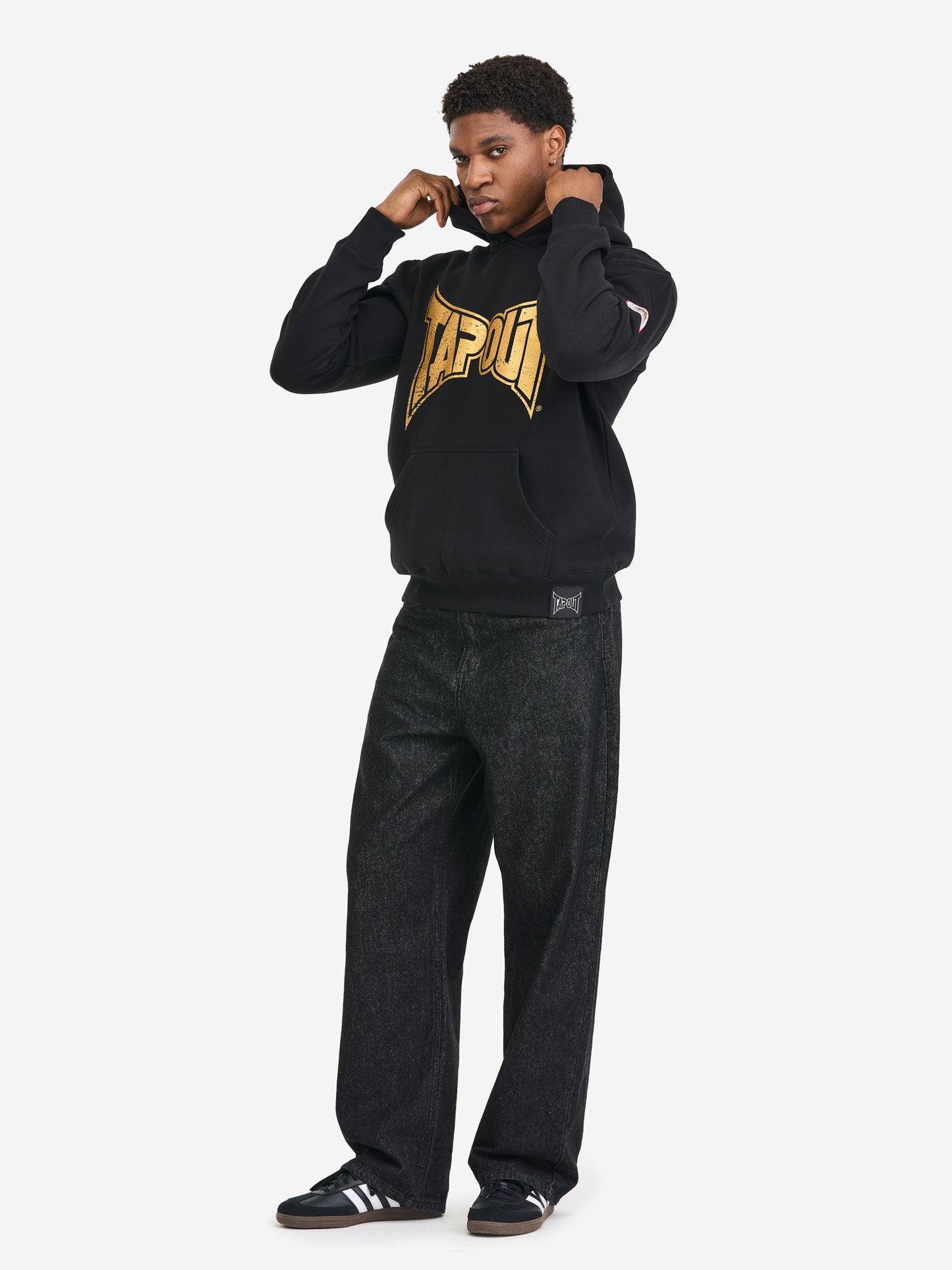 Schwarzer Herren Hoodie in normaler Passform mit Vintage-Logo-Print, Kängurutasche, Bündchen und gewebtem Patch