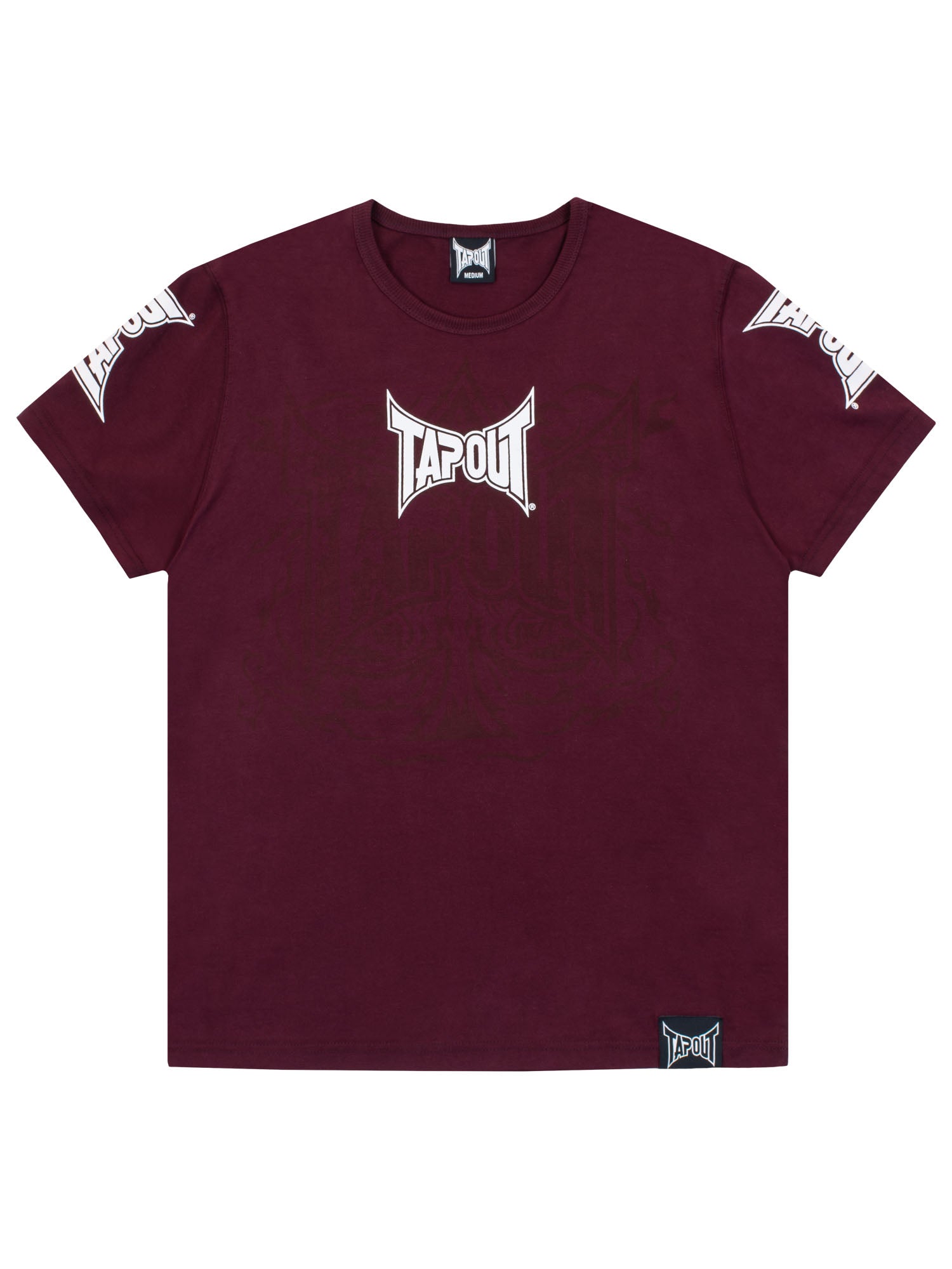 Tapout Herren T-Shirt in Weinrot mit weissem Vintage-Logo-Print auf der Brust.