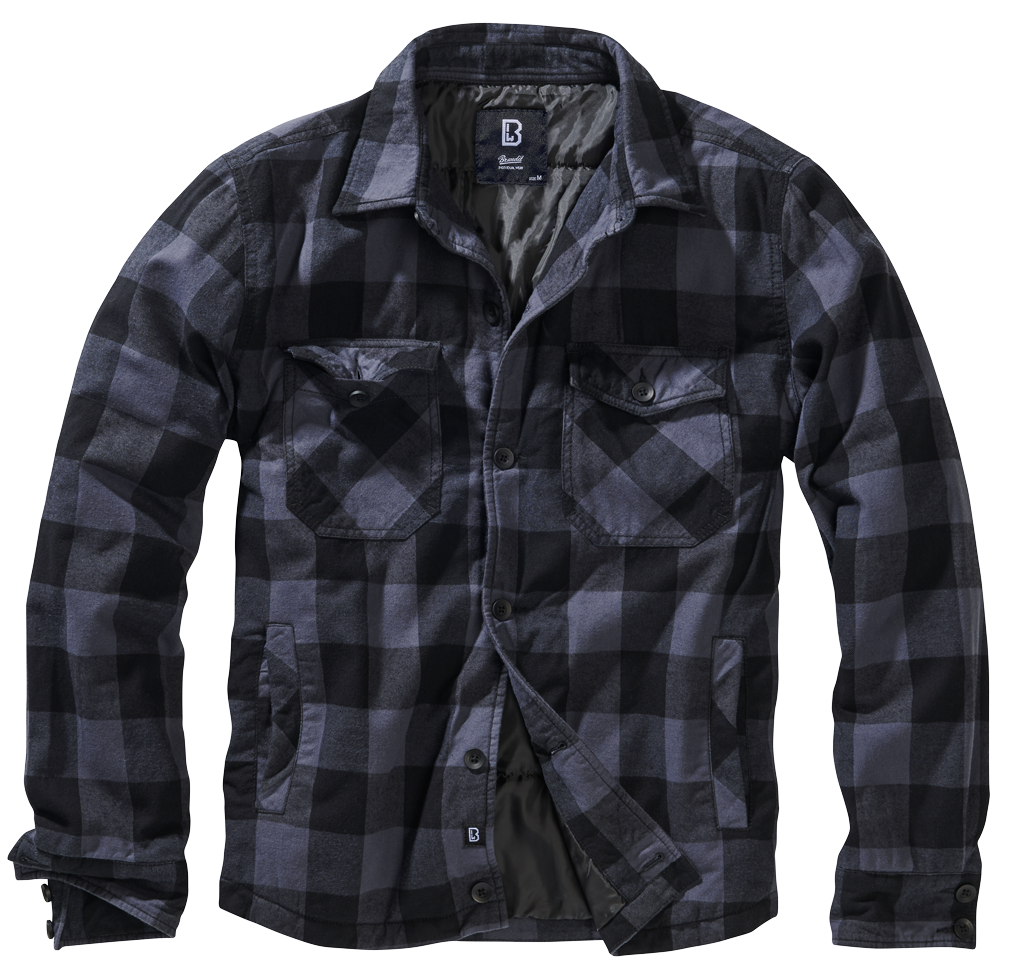 Brandit Lumber Jacke in Schwarz/Grau, wattiertes Flanell, Straight-Cut, Brusttaschen, Innentasche, Knopfleiste.