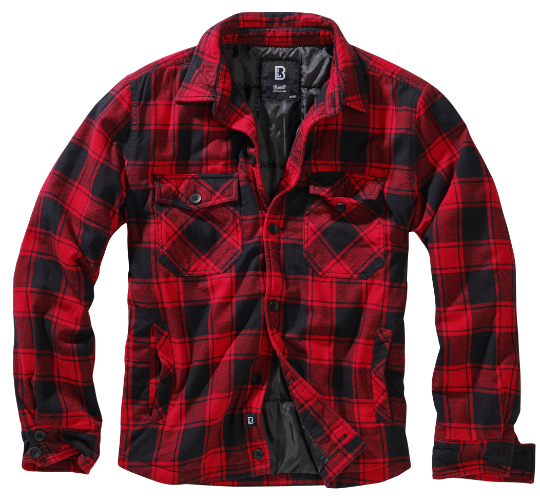Brandit Lumber Jacke in Rot/Schwarz, wattiertes Flanell, Straight-Cut, Brusttaschen, Innentasche, Knopfleiste