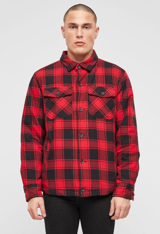 Brandit Lumber Jacke in Rot/Schwarz, wattiertes Flanell, Straight-Cut, Brusttaschen, Innentasche, Knopfleiste