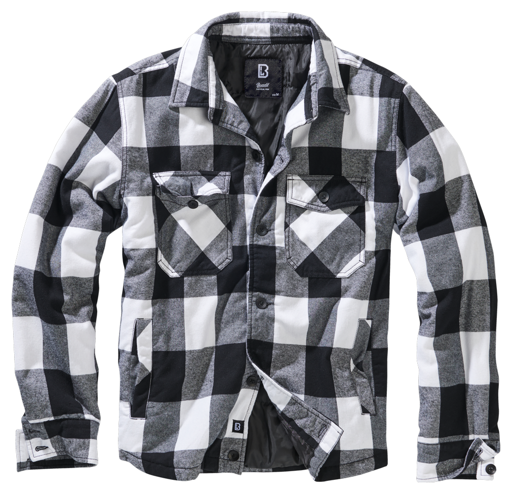 Brandit Lumber Jacke in Weiss/Schwarz, wattiertes Flanell, Straight-Cut, Brusttaschen, Innentasche, Knopfleiste.