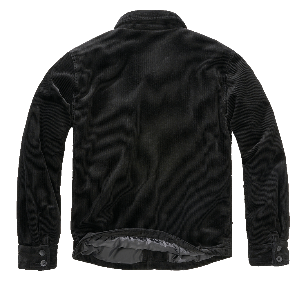 Schwarze Brandit Cordjacke, wattiert, im klassischen Schnitt mit Brusttaschen, Einschubtaschen und Innentasche