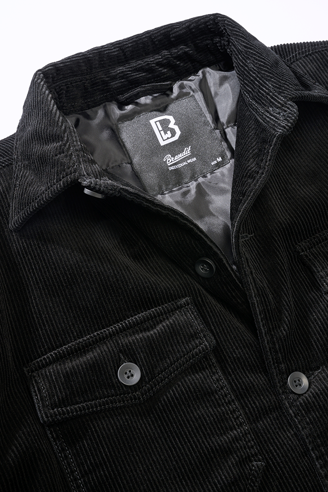 Schwarze Brandit Cordjacke, wattiert, im klassischen Schnitt mit Brusttaschen, Einschubtaschen und Innentasche