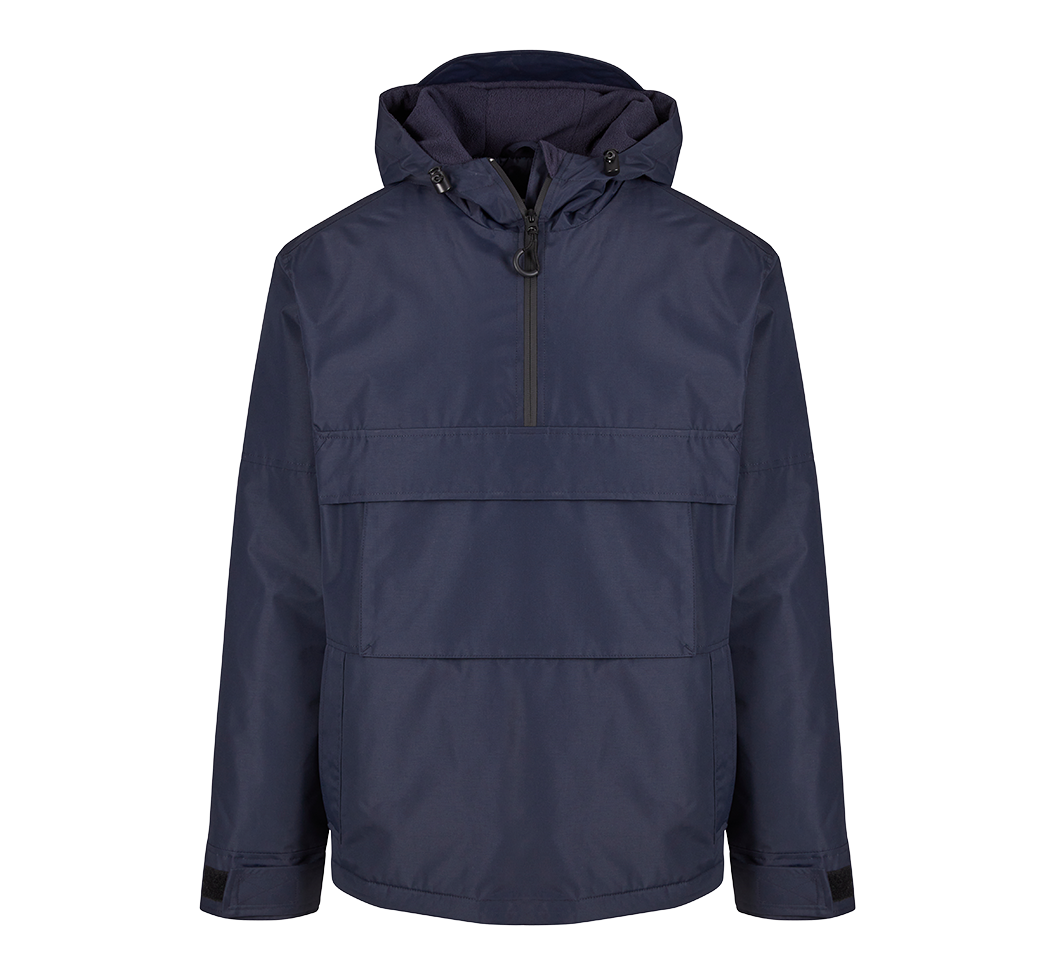 Brandit Windbreaker in Navy mit Kapuze und Regenschutz, hohem Kragen, seitlichem Reissverschluss, Fleecefutter und großer Fronttasche.