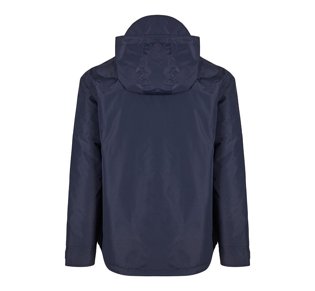Brandit Windbreaker in Navy mit Kapuze und Regenschutz, hohem Kragen, seitlichem Reissverschluss, Fleecefutter und großer Fronttasche.
