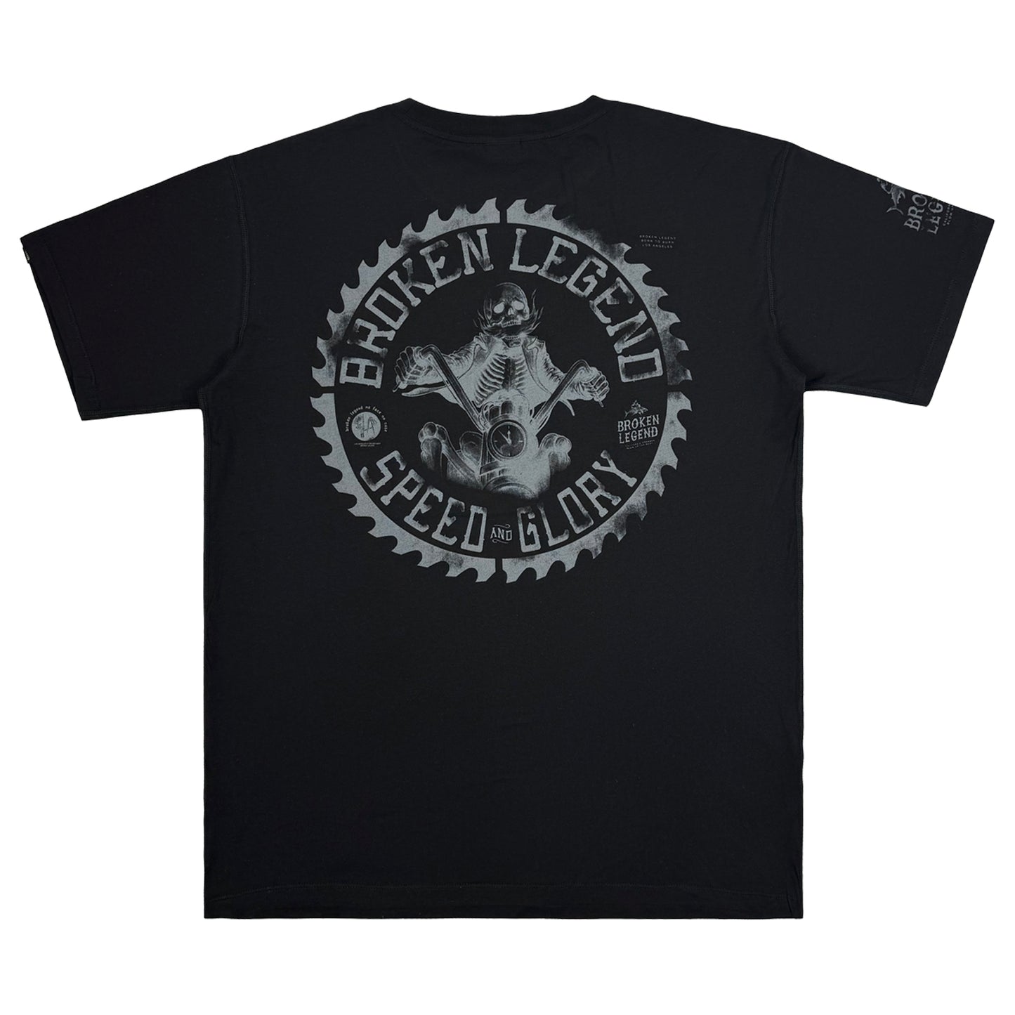 Yakuza Premium Herren T-Shirt Broken Legend in Schwarz mit grossem Skelett-Motorradfahrer Rückenprint in einem Zahnrad-Design.