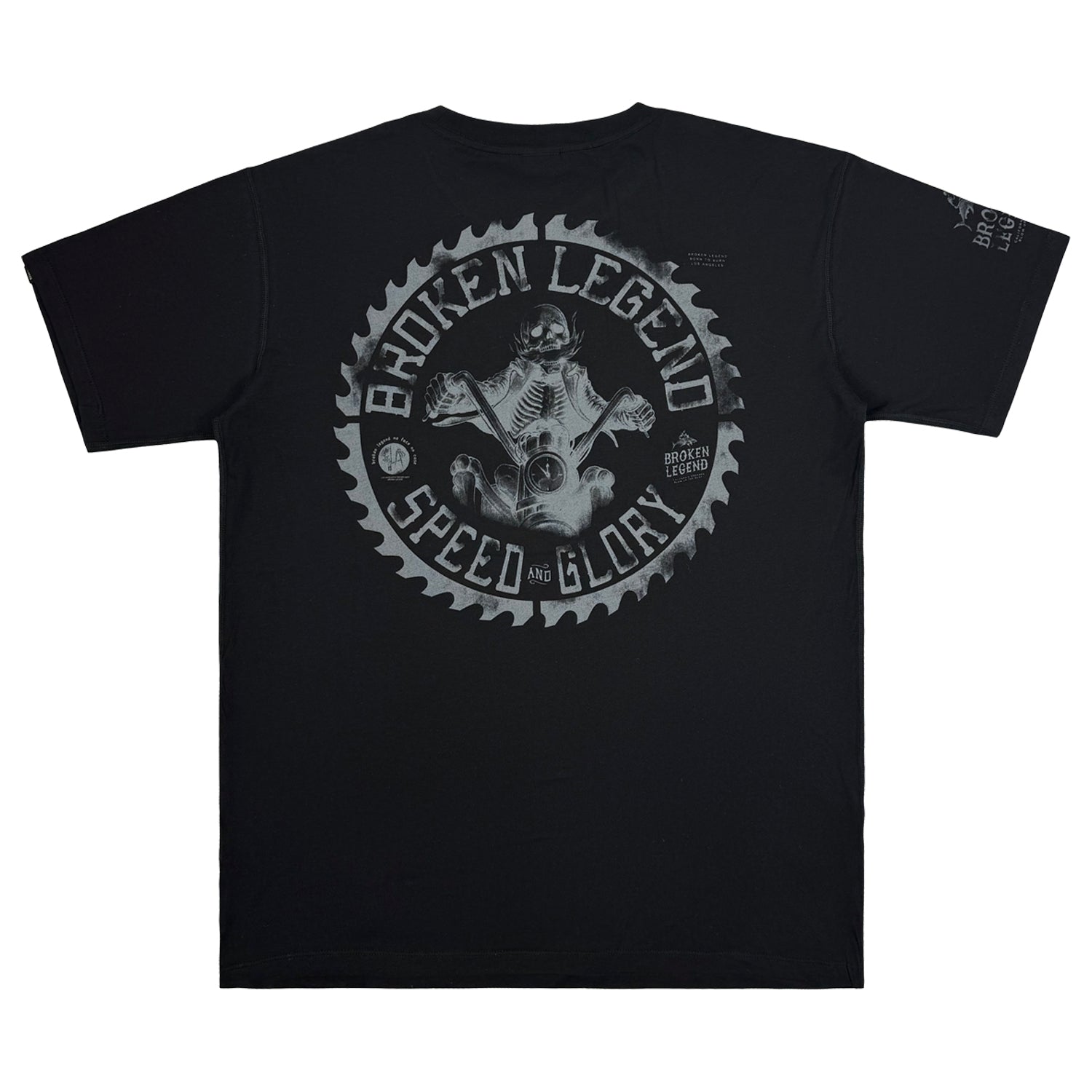 Yakuza Premium Herren T-Shirt Broken Legend in Schwarz mit grossem Skelett-Motorradfahrer Rückenprint in einem Zahnrad-Design.