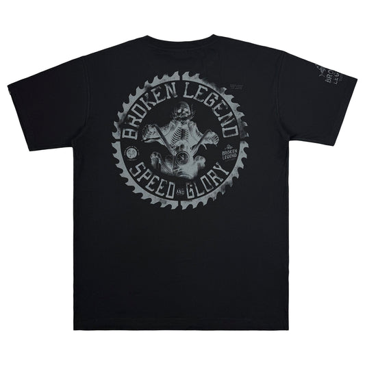Yakuza Premium Herren T-Shirt Broken Legend in Schwarz mit grossem Skelett-Motorradfahrer Rückenprint in einem Zahnrad-Design.
