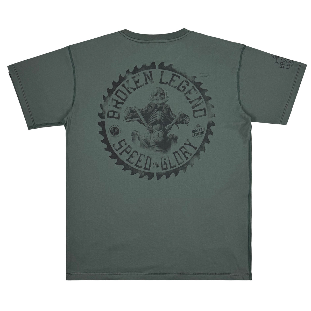 Yakuza Premium Herren T-Shirt Broken Legend in Grauoliv mit grossem Skelett-Motorradfahrer Rückenprint im Zahnrad-Design.