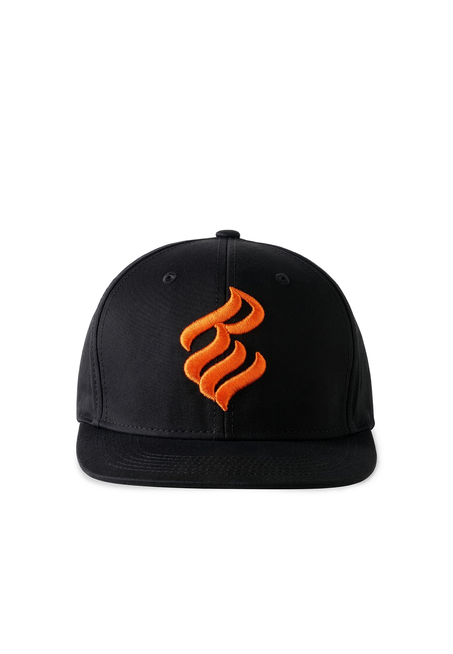 Rocawear CARTER Snap Back Cap in Schwarz mit orangefarbener Logo-Stickerei – Frontansicht