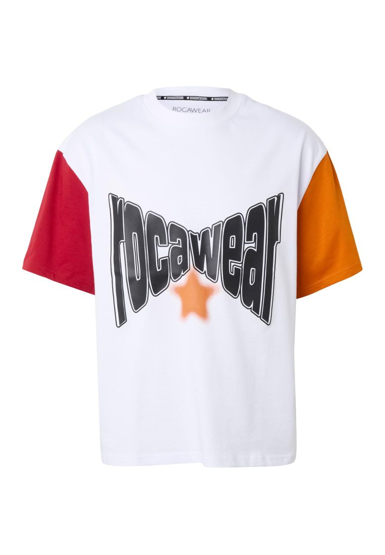 Rocawear COLORED T-Shirt Bright White Red Dahlia Hawaiian Sunset mit Colorblock-Design und Logo-Print