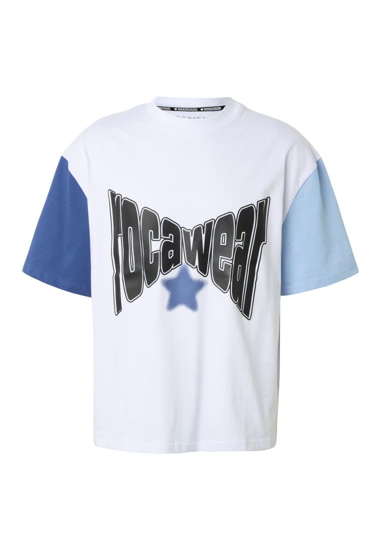 Rocawear COLORED T-Shirt Bright White True Navy Brunnera Blue mit Colorblock-Design und Logo-Print