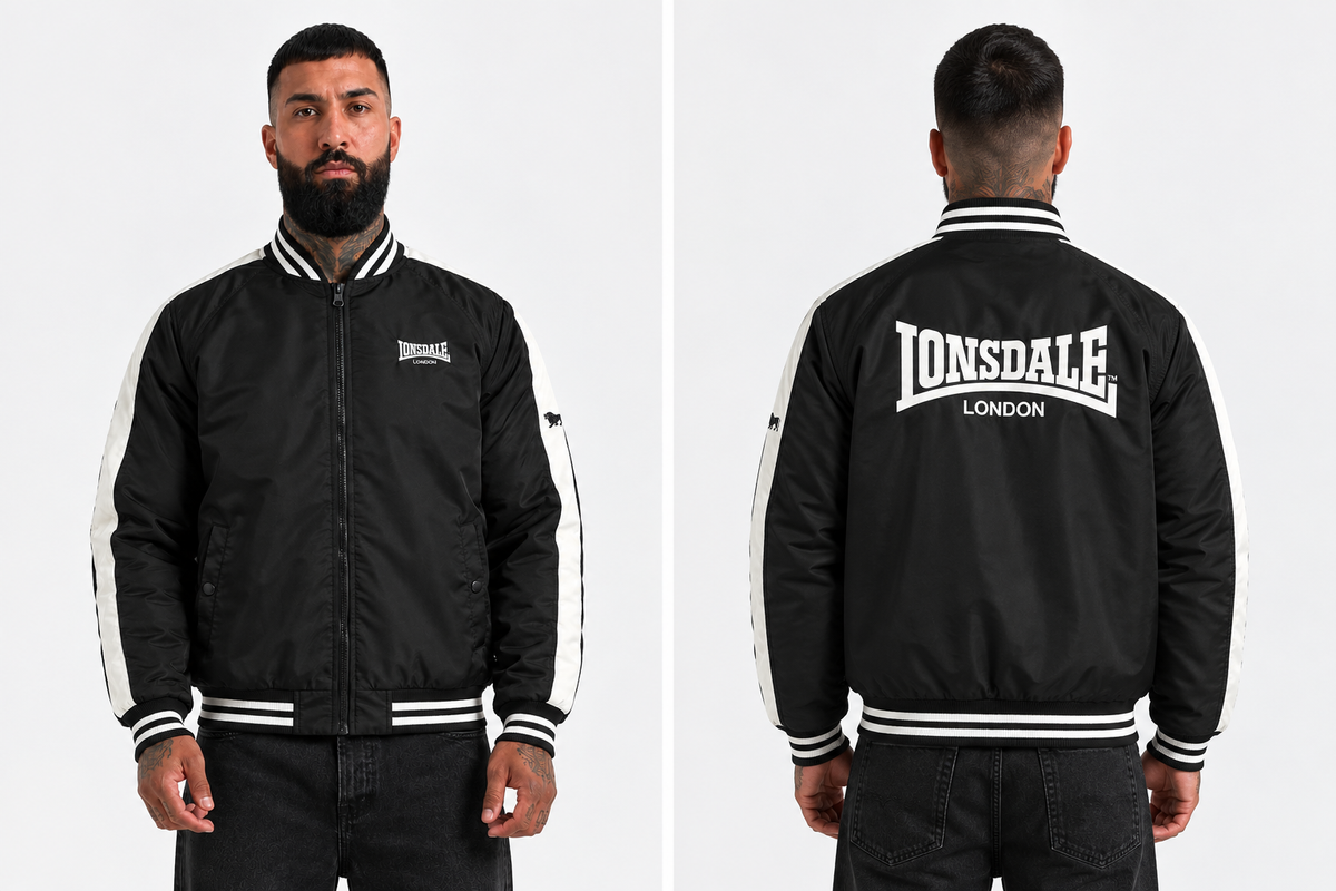 Vorder- und Rückansicht der Lonsdale Herren-Collegejacke in Schwarz mit ecrufarbenem Logo-Schriftzug