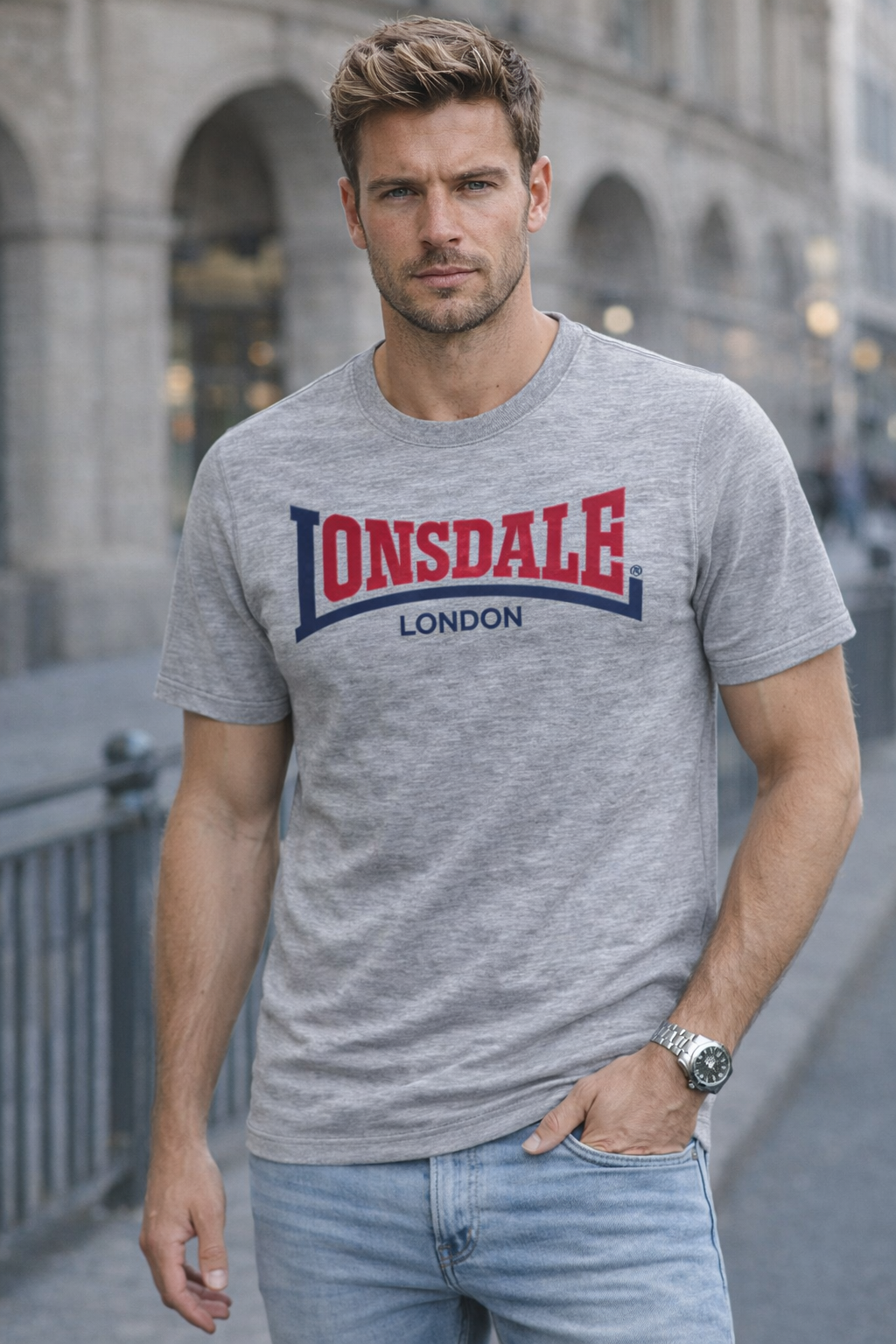 Lonsdale London Herren T-Shirt Marl Grey mit Two Tone Logo-Print auf der Brust, Slim Fit Passform aus Baumwolle