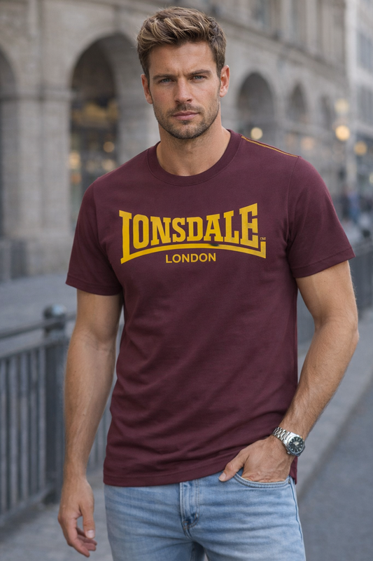 Lonsdale London Herren T-Shirt Oxblood mit Two Tone Logo-Print auf der Brust, Slim Fit Passform aus Baumwolle
