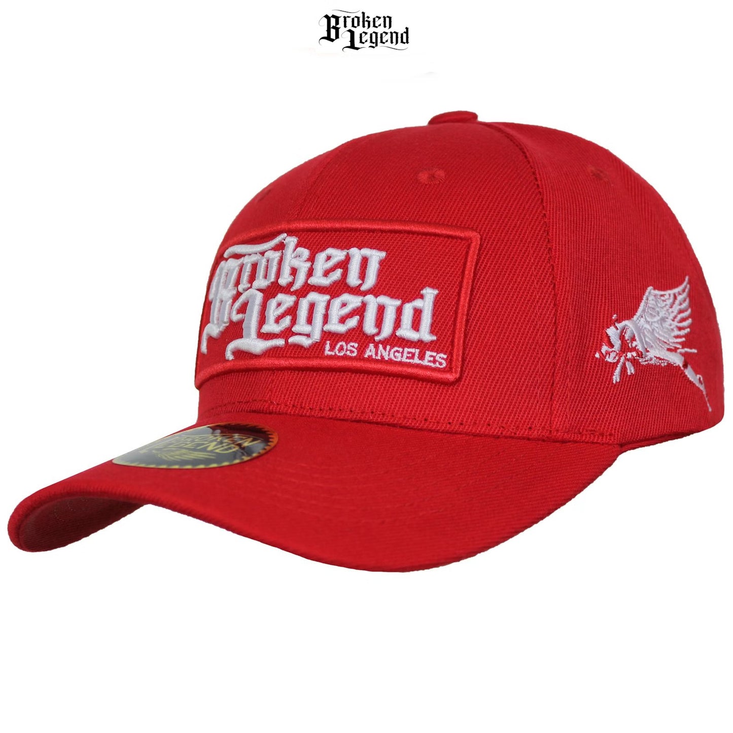  Rote Broken Legend Snapback BL 255 mit gesticktem Patch und gebogenem Schild.