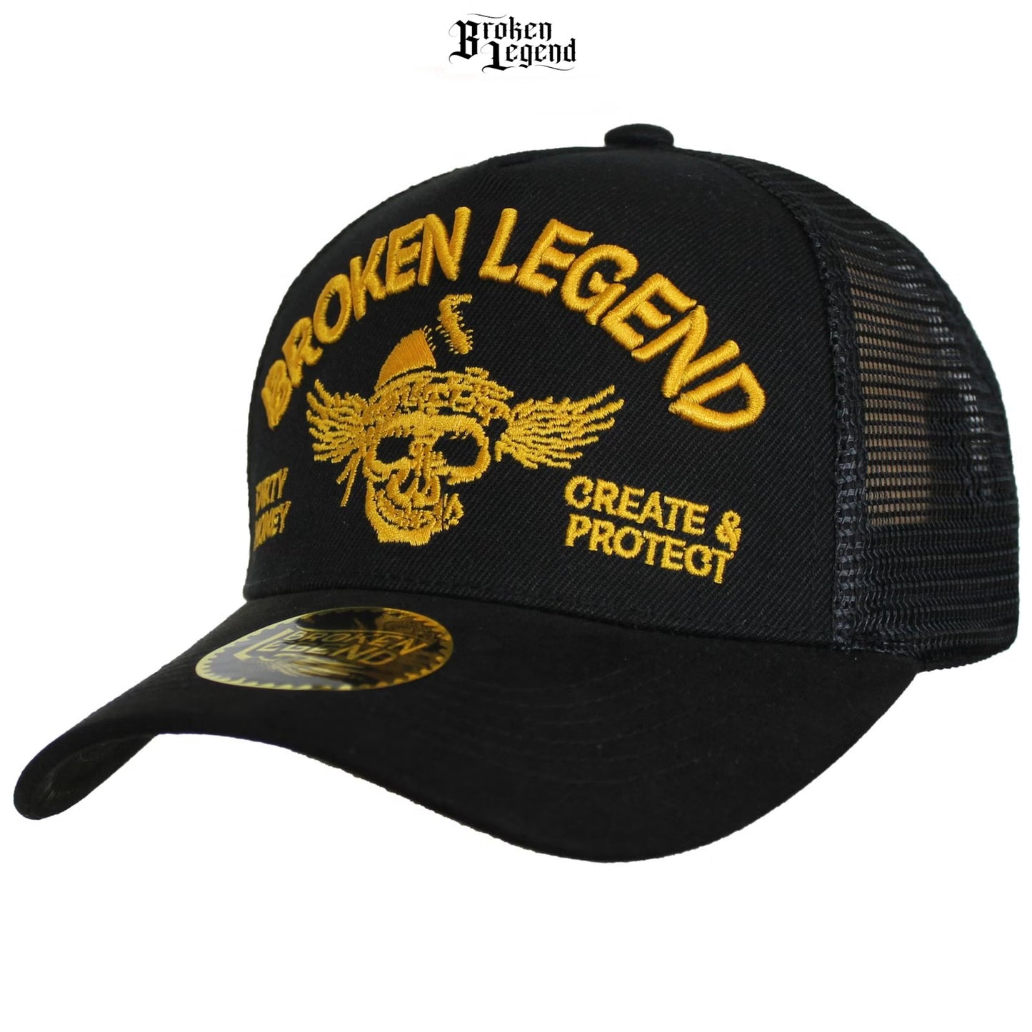 Schwarze Broken Legend Trucker Cap mit gebogenem Schirm und markantem 3D-Stickzug auf der Front.