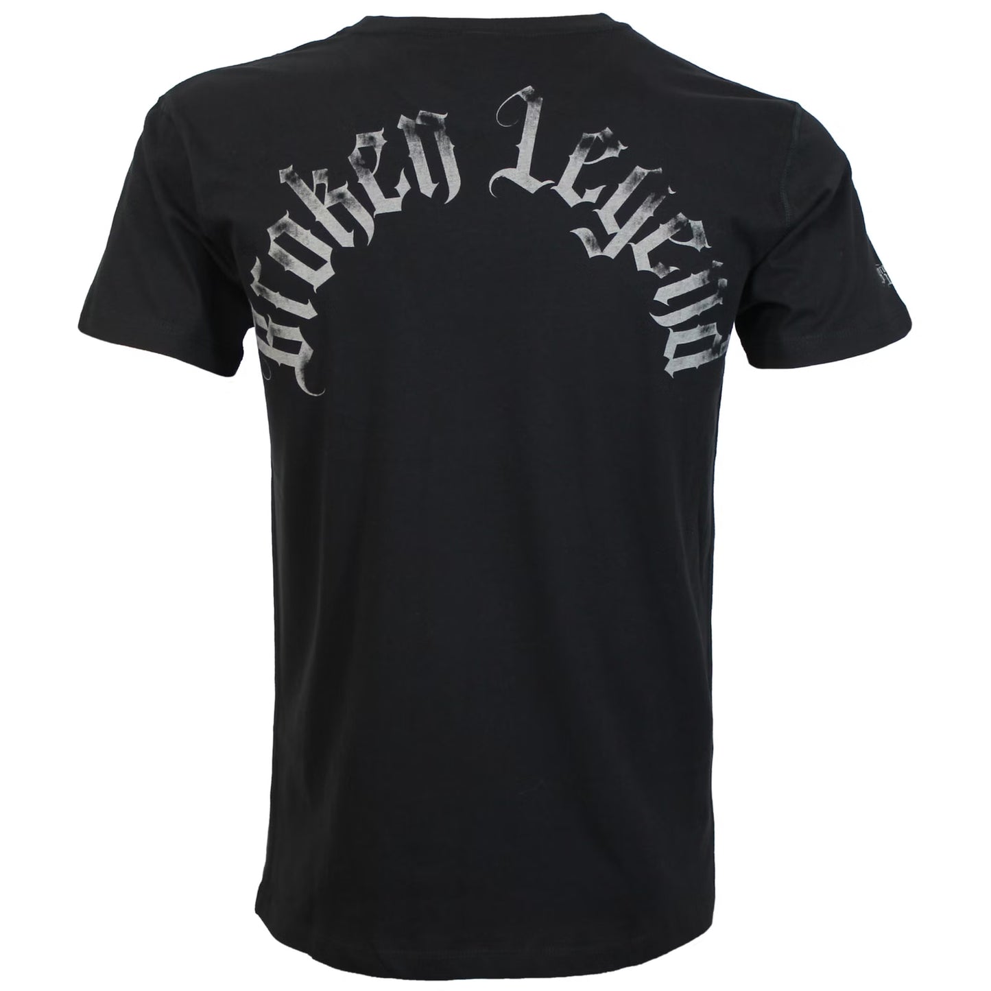 Rückansicht des schwarzen T-Shirts mit gebogenem Broken Legend Schriftzug im oberen Rückenbereich.