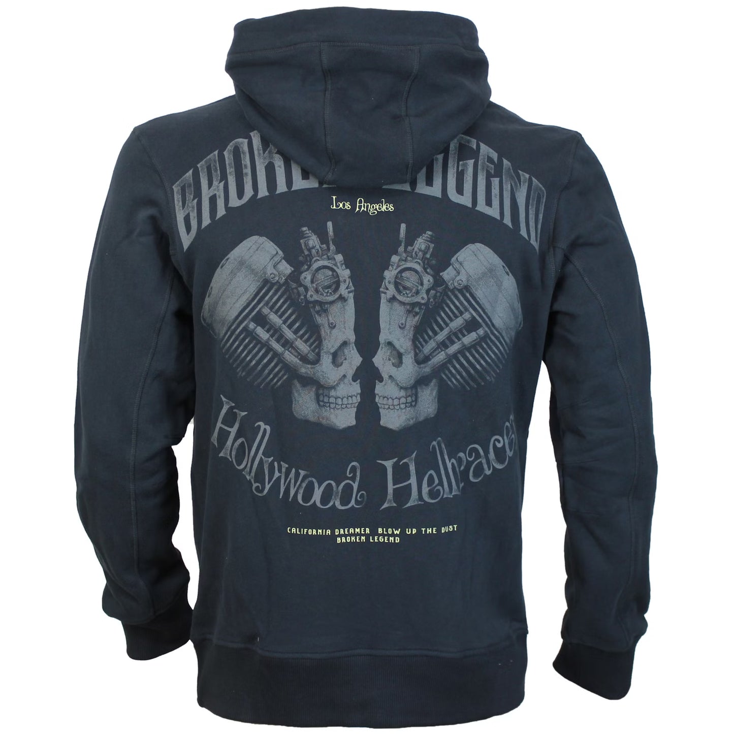 Grosser Zylinderkopf-Print auf dunkelblauem Hoodie.
