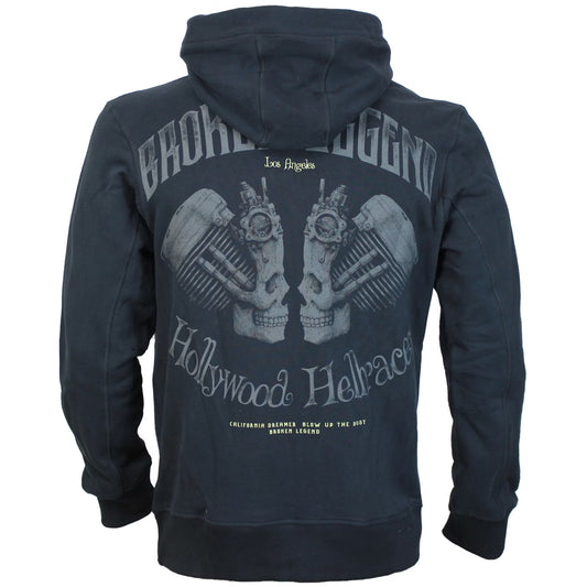 Grosser Zylinderkopf-Print auf dunkelblauem Hoodie.
