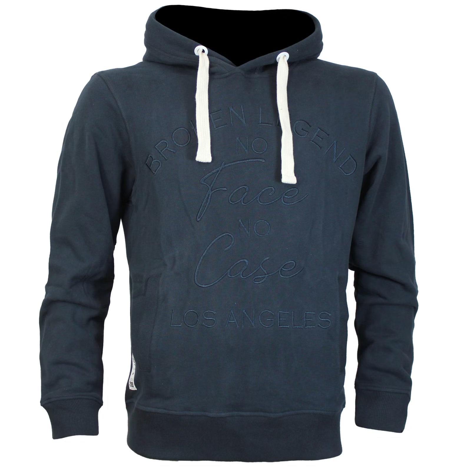Dunkelblauer Broken Legend Hoodie mit Kapuze und Taschen.