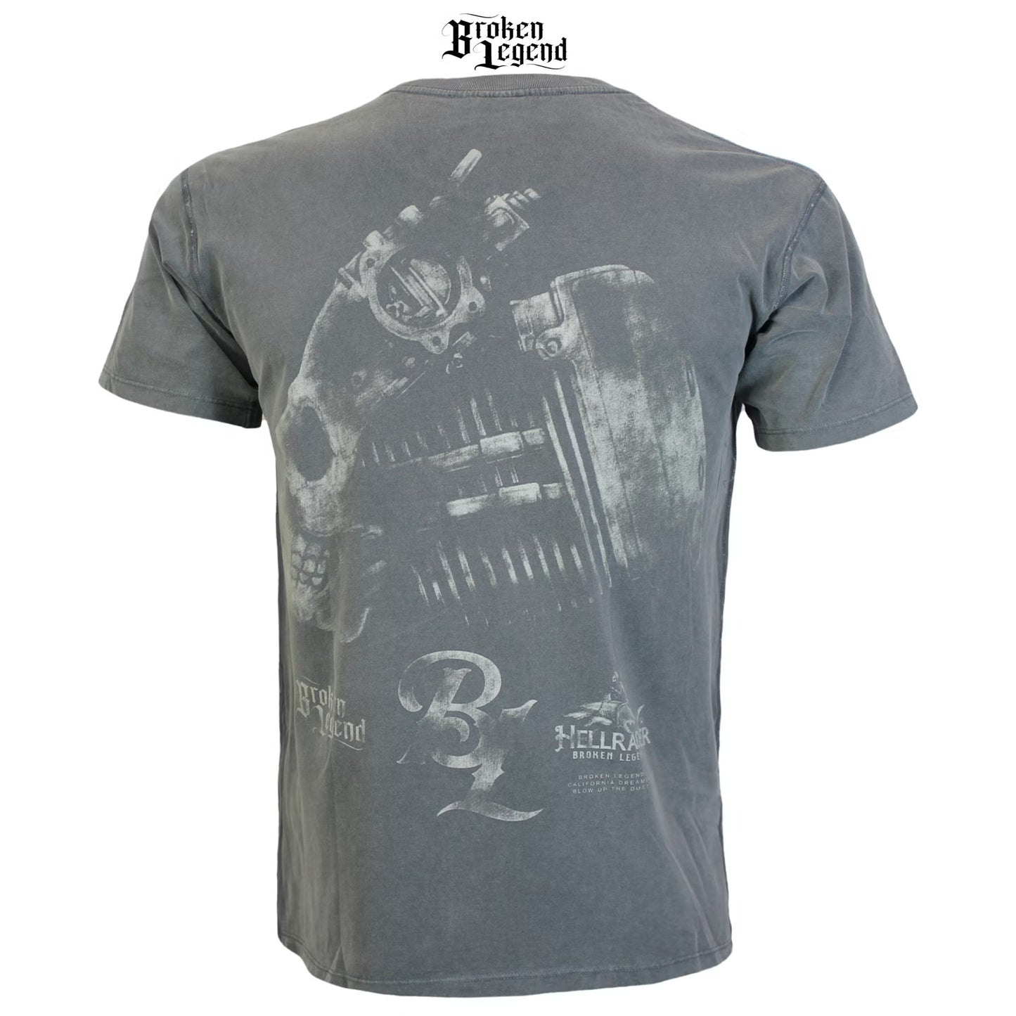 Yakuza Premium Herren T-Shirt Broken Legend in Olivgrau Vintage mit grossem Zylinderkopf und Totenkopf Rückenprint.