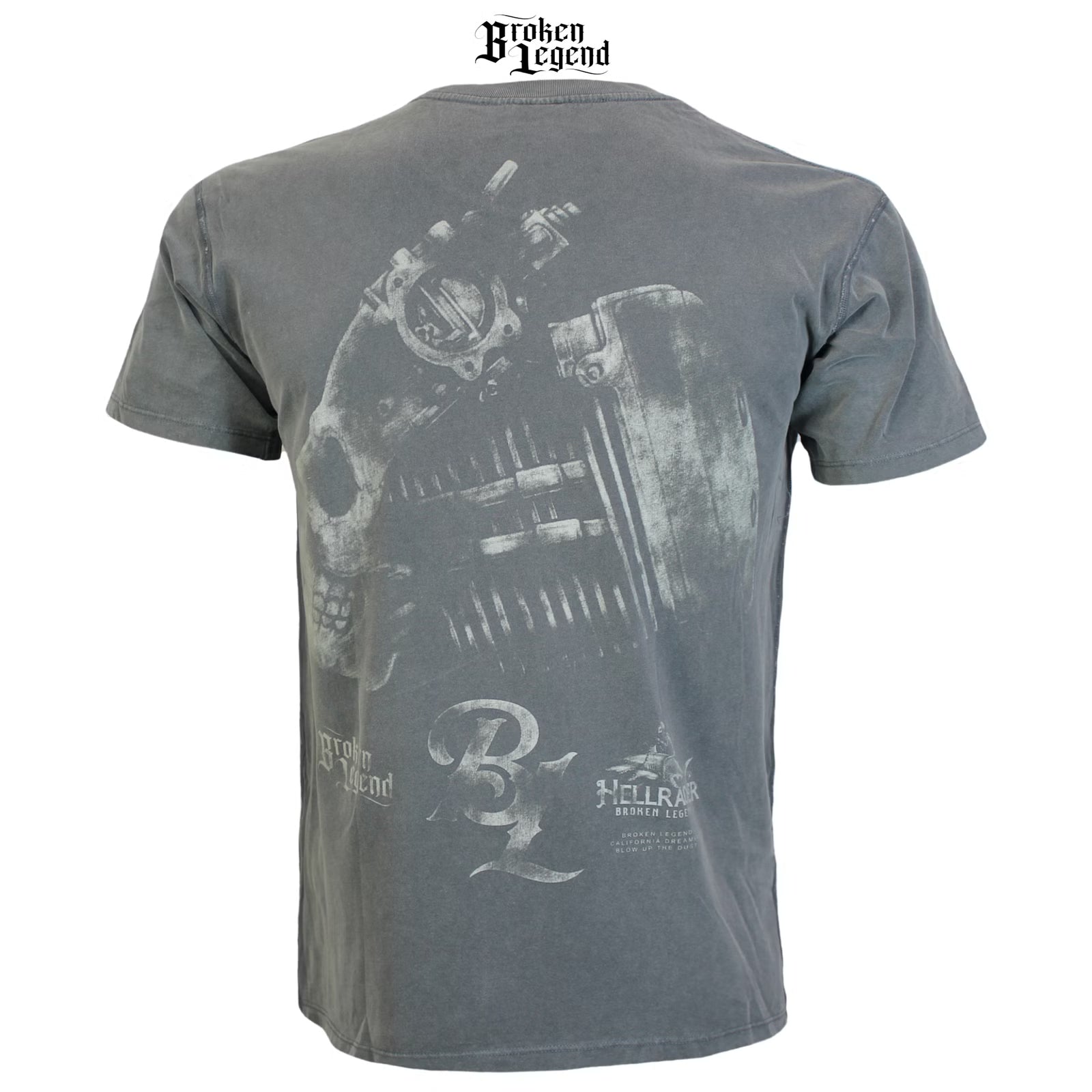 Yakuza Premium Herren T-Shirt Broken Legend in Olivgrau Vintage mit grossem Zylinderkopf und Totenkopf Rückenprint.